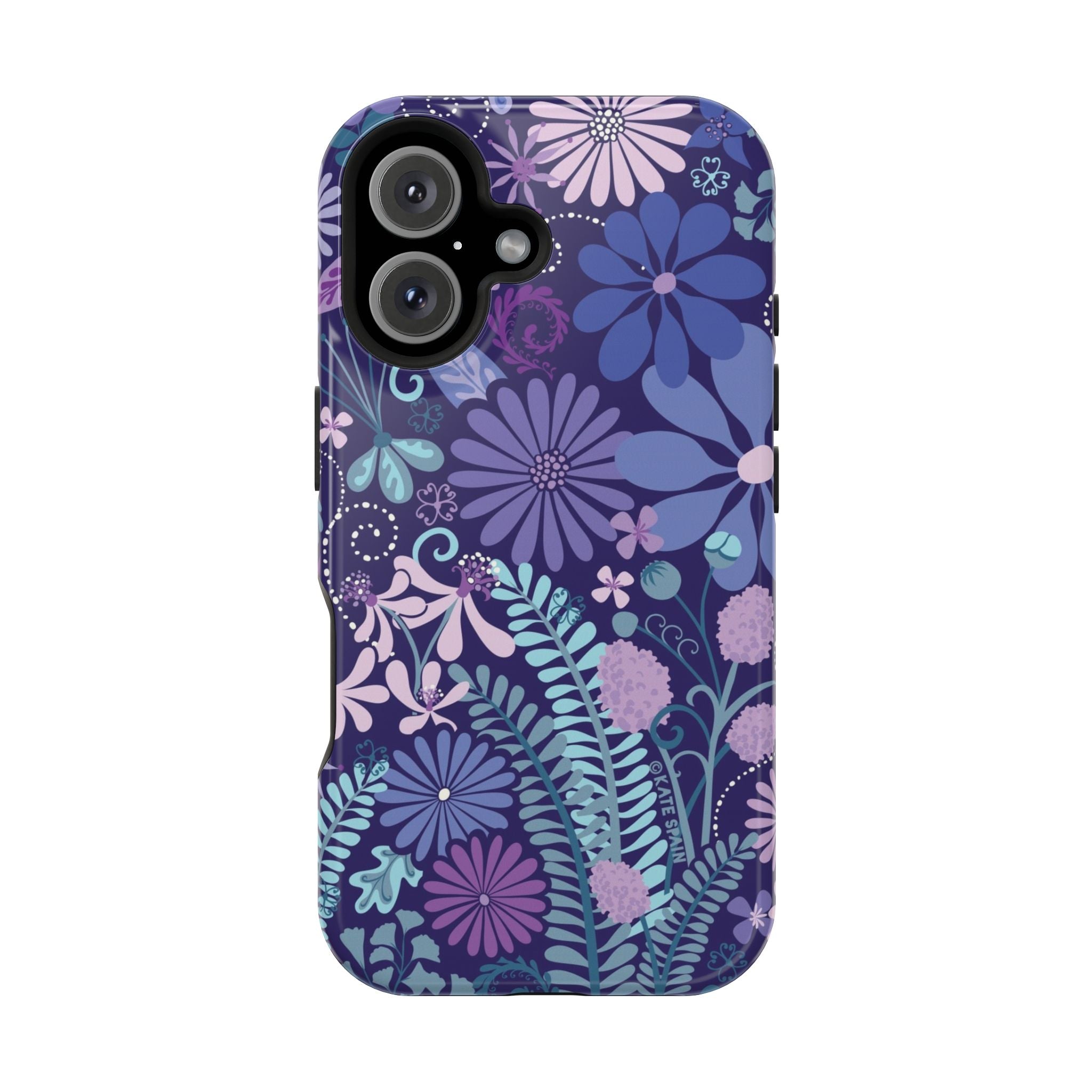 Luxury Terrain MagSafe iPhone 16 Case – Glossy | navy, purple, aqua botanical woodland floral print