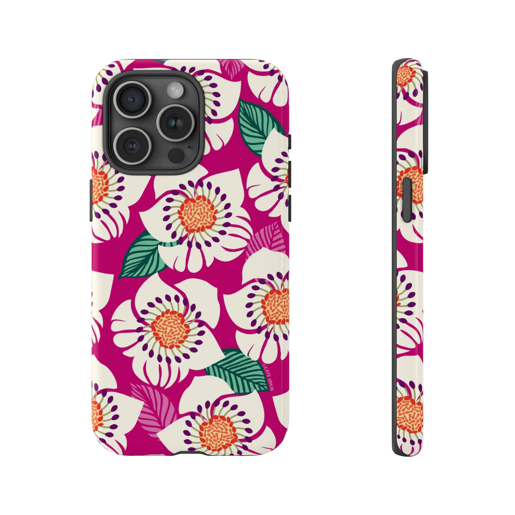 Panache Rose Tough iPhone 15 Pro Max Case – Glossy | berry, cream white, peach anemone floral print
