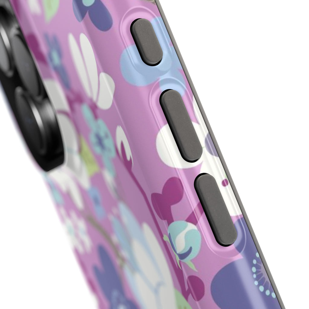 Luxury Cherry Blossom MagSafe iPhone 17 Pro Case – close-up of buttons on case | mauve, purple, blue, white cherry blossom print