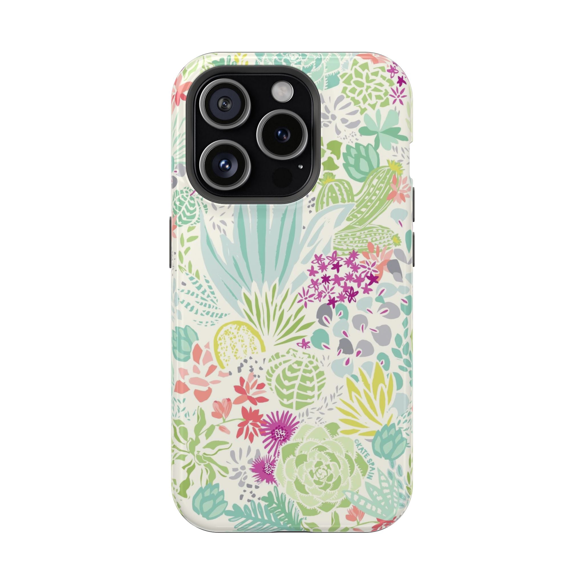 Canyon MagSafe iPhone 15 Pro Case – Glossy | aqua, coral, purple, sage green succulent and cactus print