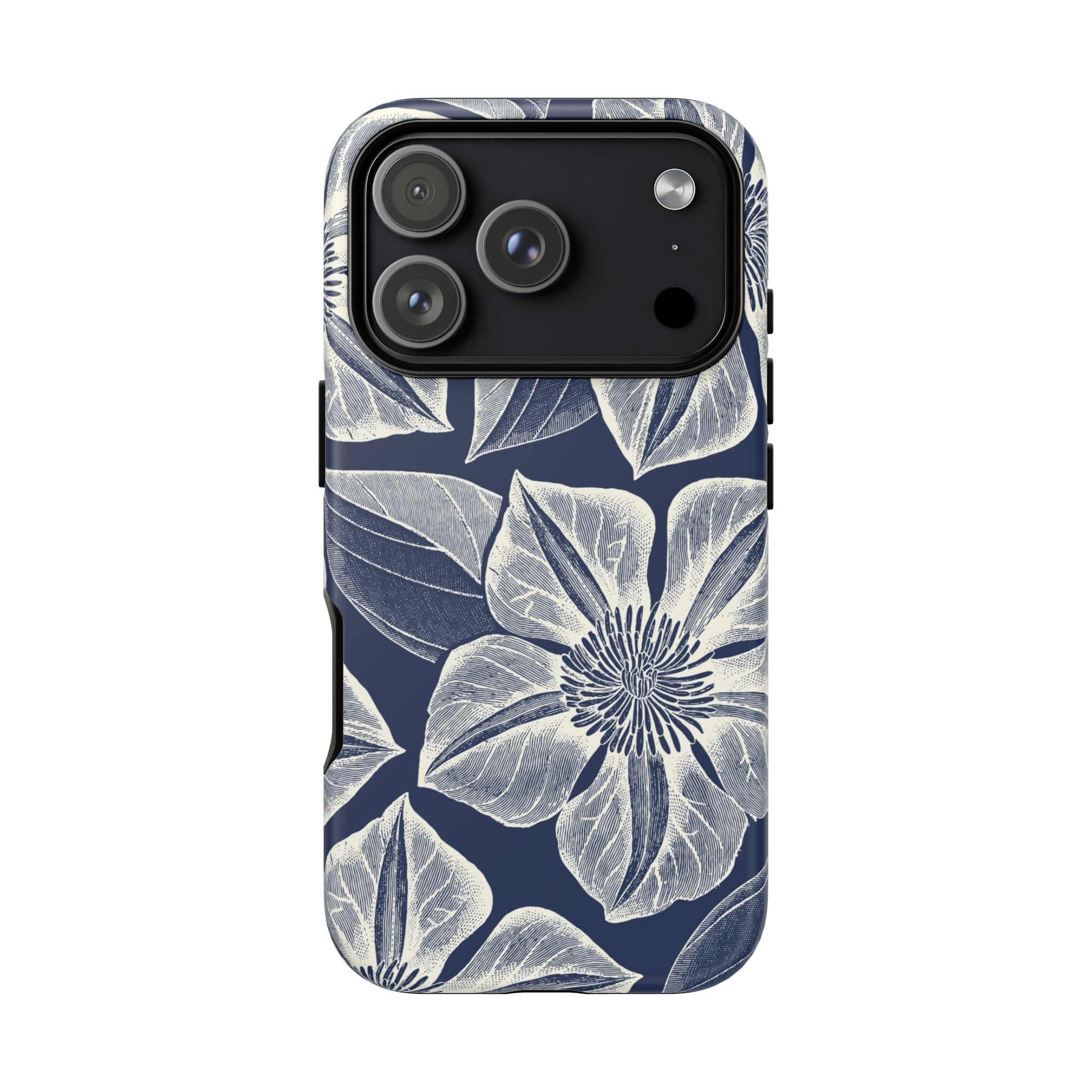 Vintage Bloom Navy iPhone 17 Pro case – Matte | navy ground, large-scale cream clematis print, engraved petal detail, dual-layer protection