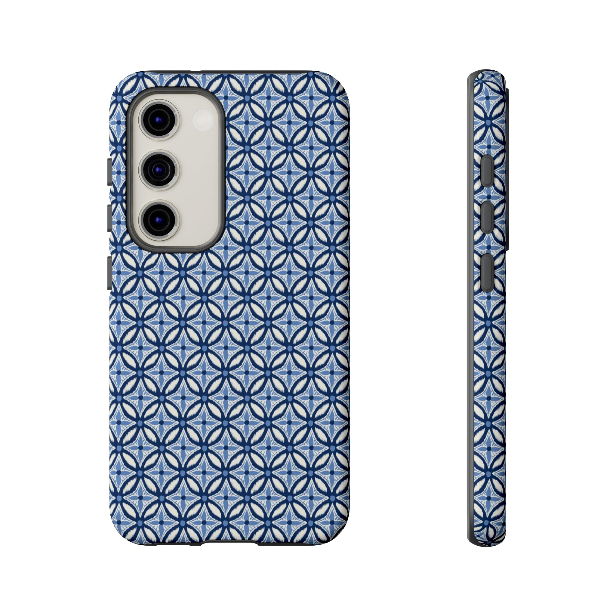 Light blue Samsung Galaxy case with navy and periwinkle ikat geometric pattern — botanical phone case by Kate Spain for Floriori