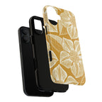 Vintage Bloom Gold MagSafe iPhone 16 Pro Max Case – Glossy | warm gold ground, large-scale cream clematis print, engraved petal detail | dual-layered view of case and inner lining in front of phone, with view of camera cutout and buttons