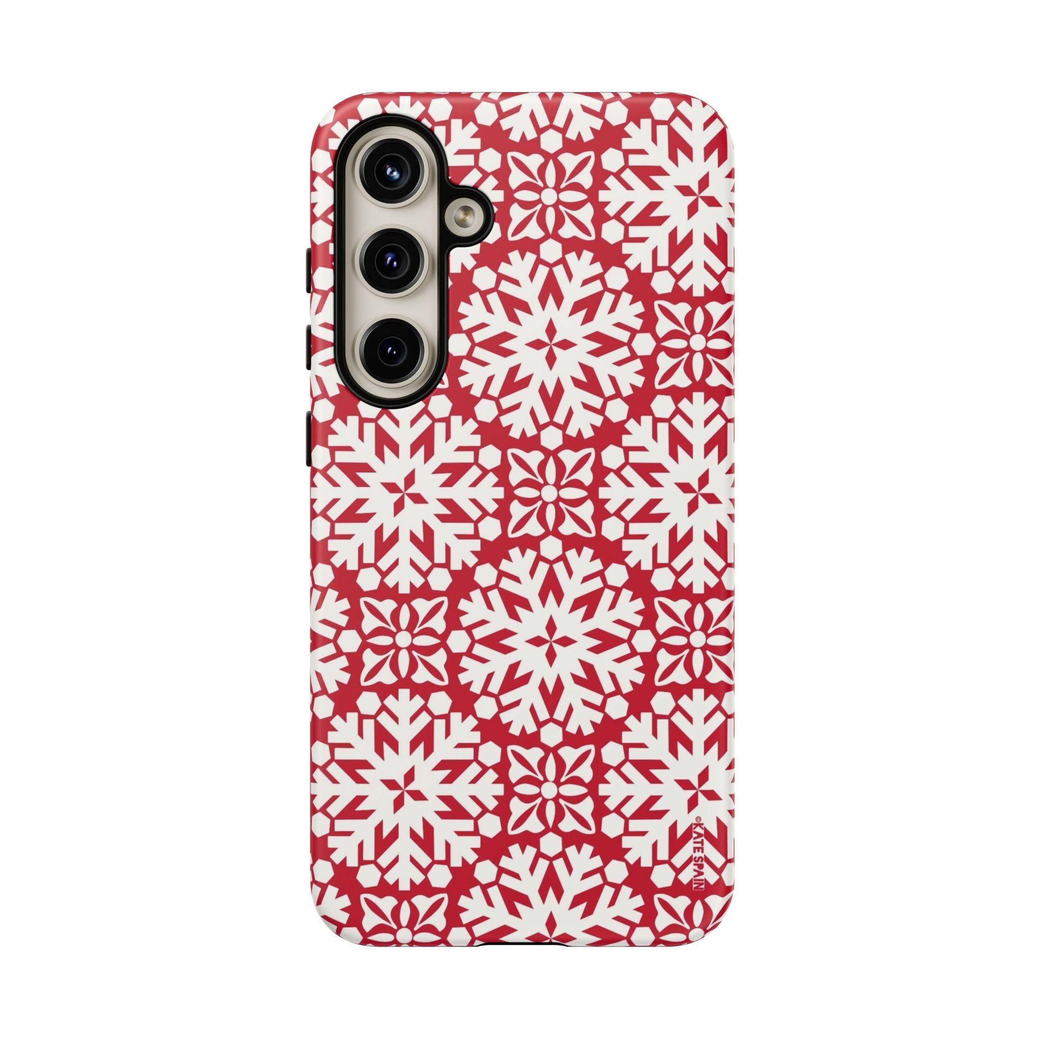 Flurry Samsung Galaxy S24 Plus Case – Matte | white, red geometric snowflake tile print