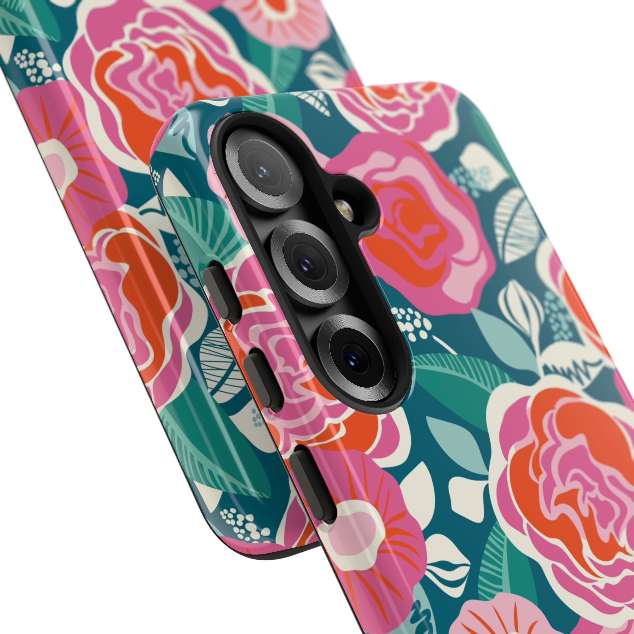 Luxury Tea Rose Teal Samsung Galaxy S25 Case – Glossy | Close-up of 3 lenses in teal, coral, pink botanical rose floral print