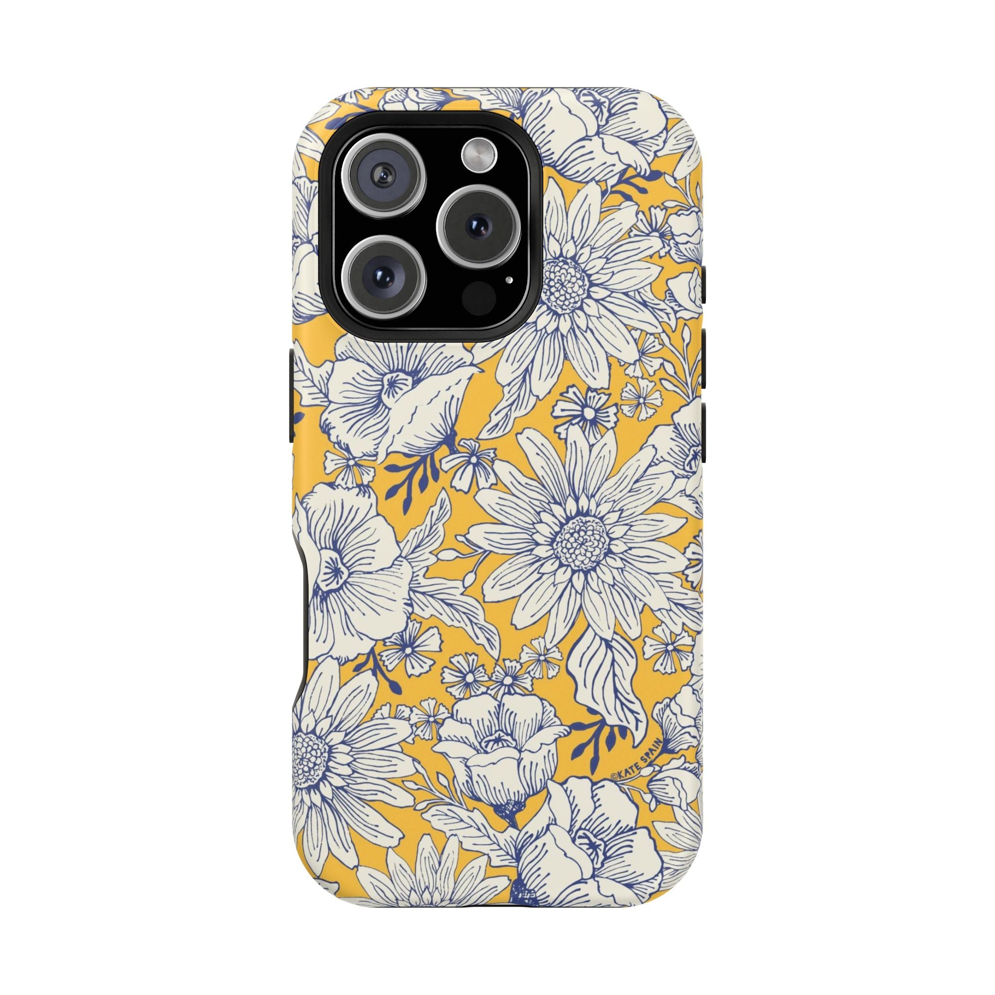 Jardin Luxury MagSafe iPhone 16 Pro Case – Glossy | yellow, cream, blue botanical floral print