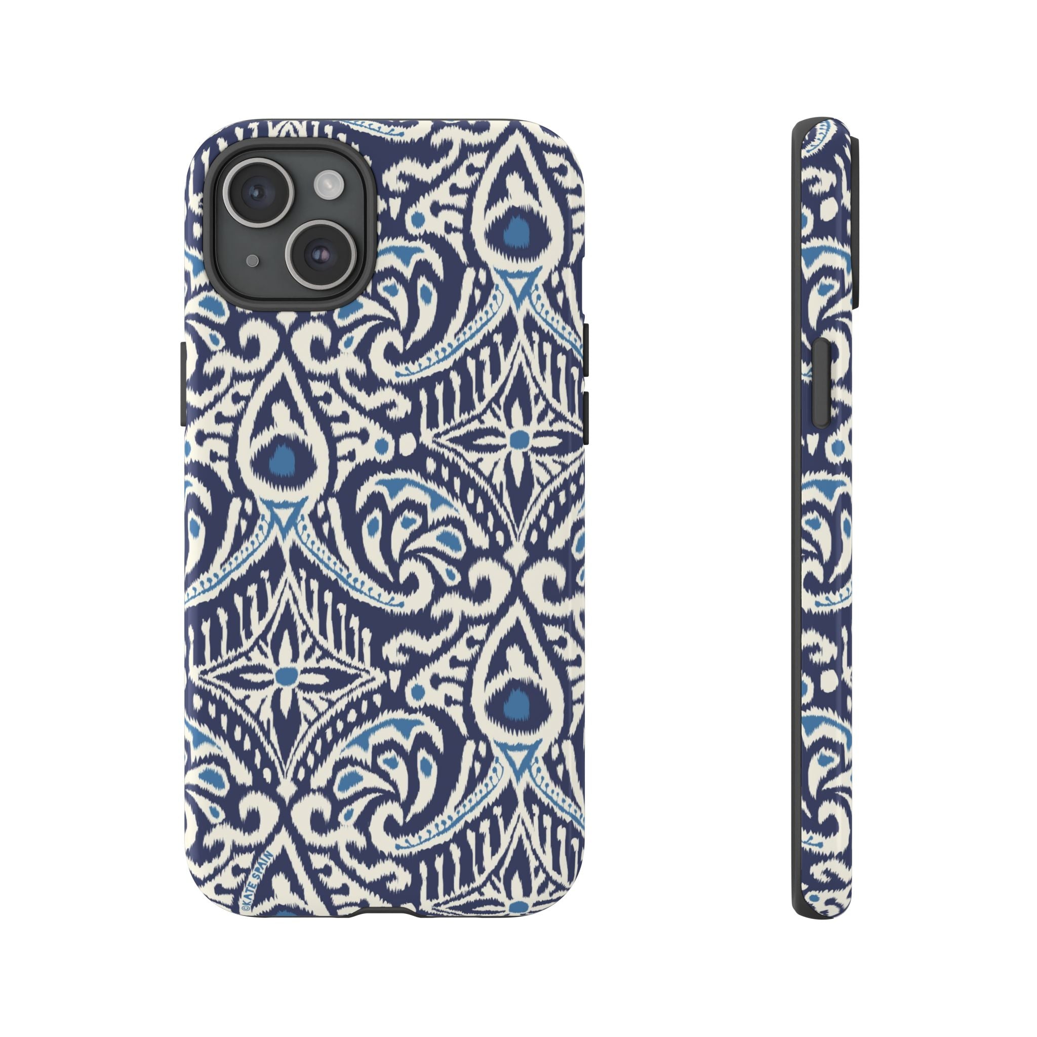 Ikat Tough iPhone 15 Plus Case – Glossy | navy, cream, blue ikat medallion print