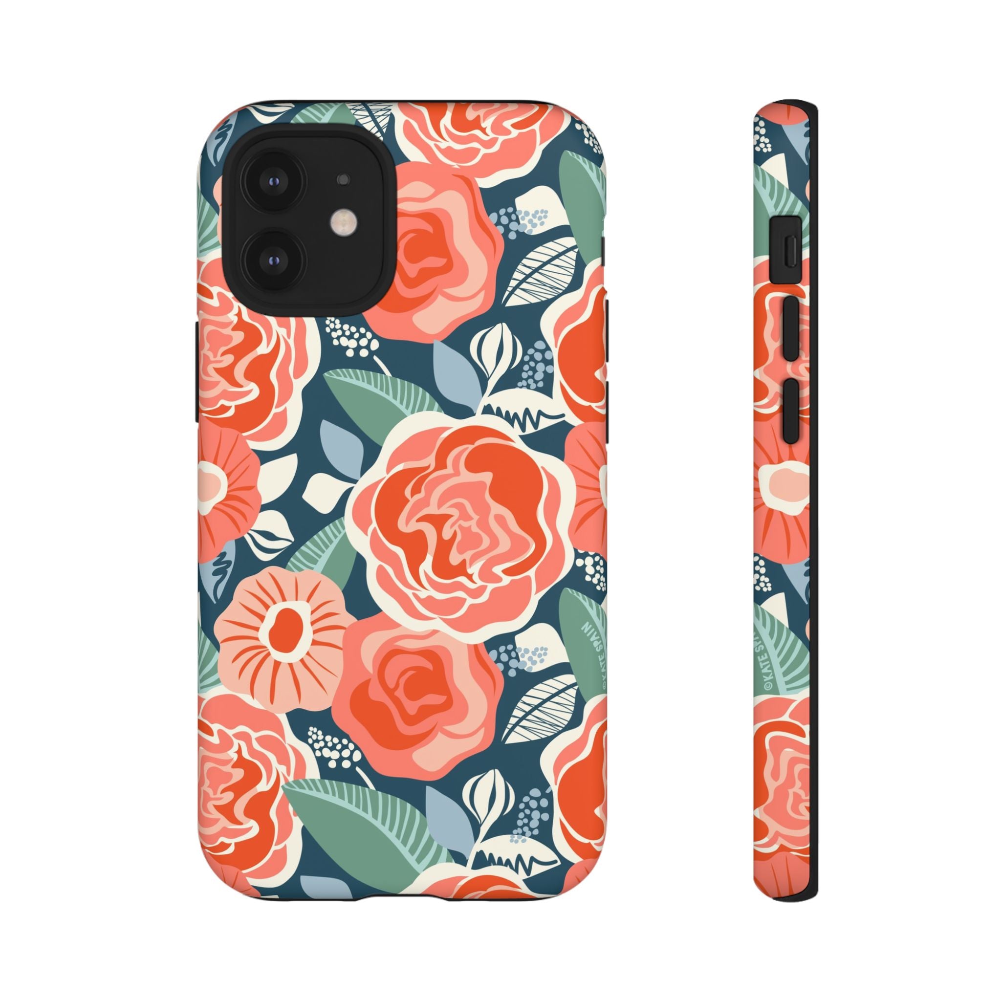 Tea Rose Navy Tough iPhone 12 Case – Glossy | navy, coral, pink, cream rose floral print