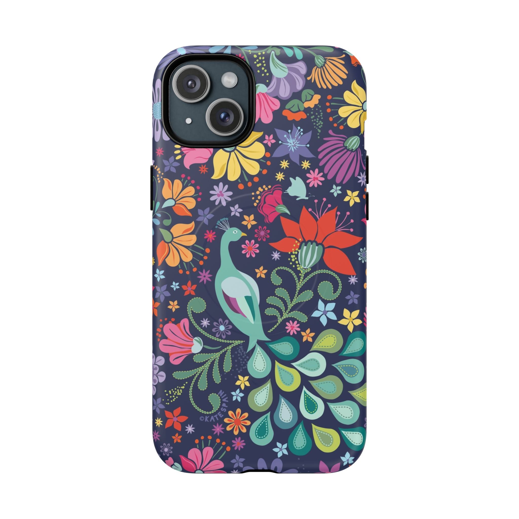 Peacock Sanctuary MagSafe iPhone 15 Plus Case – Matte | navy, teal, coral multicolor vibrant peacock feather botanical print