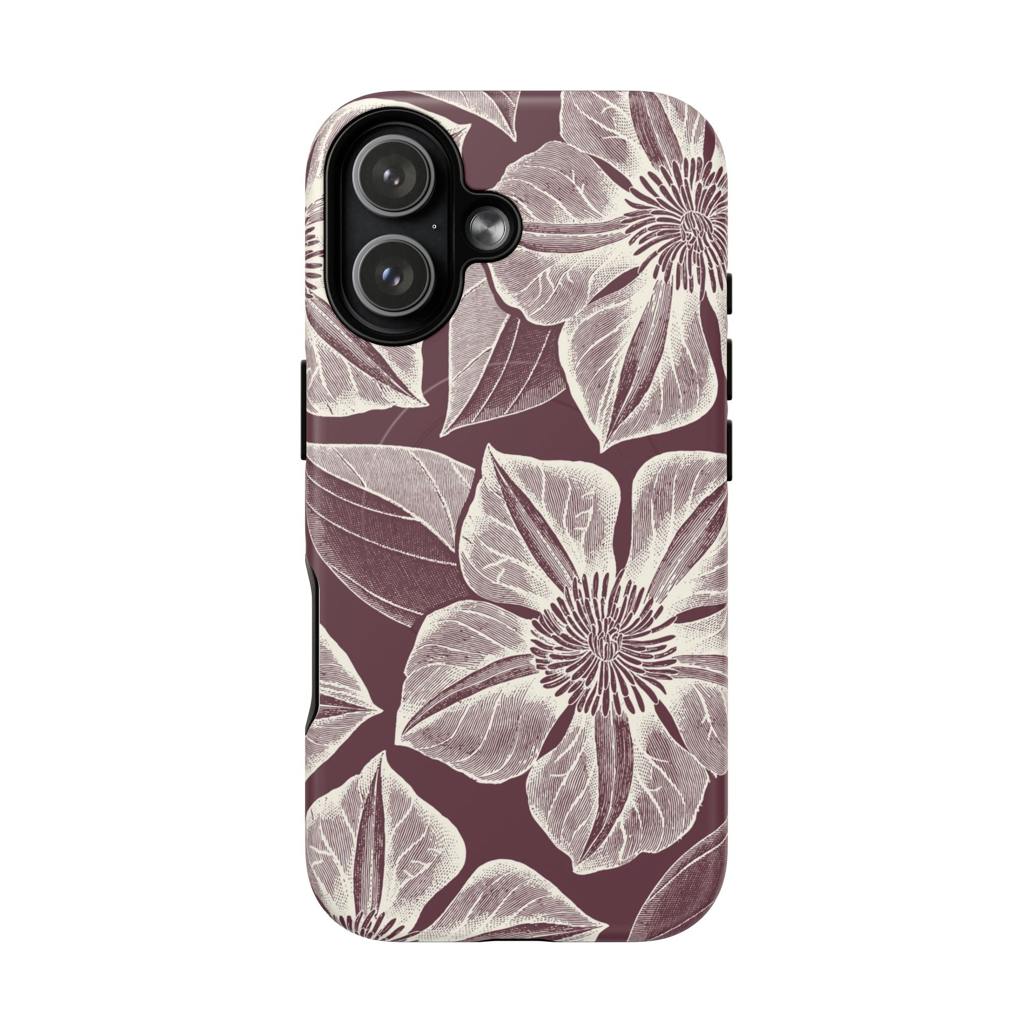 Vintage Bloom Burgundy MagSafe iPhone 16 Plus Case – Matte | burgundy ground, large-scale cream clematis print, engraved petal detail, dual-layer protection