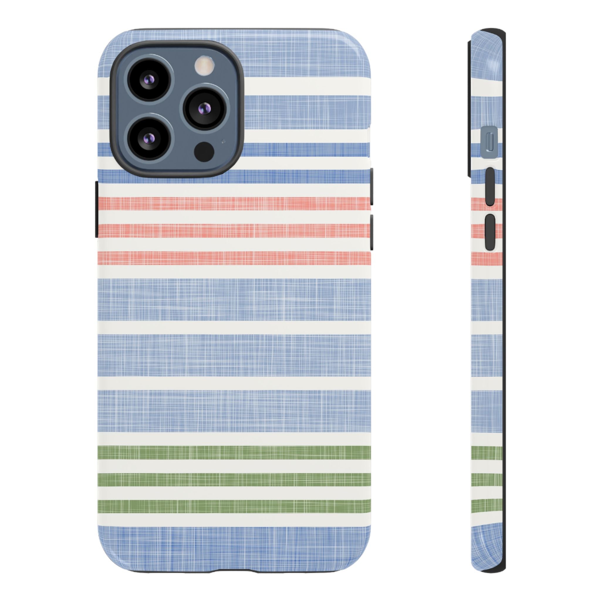 Cabana Stripe Pastel Tough iPhone 13 Pro Max Case – Glossy | soft blue, coral, sage green chambray-textured stripe print dual-layer protection