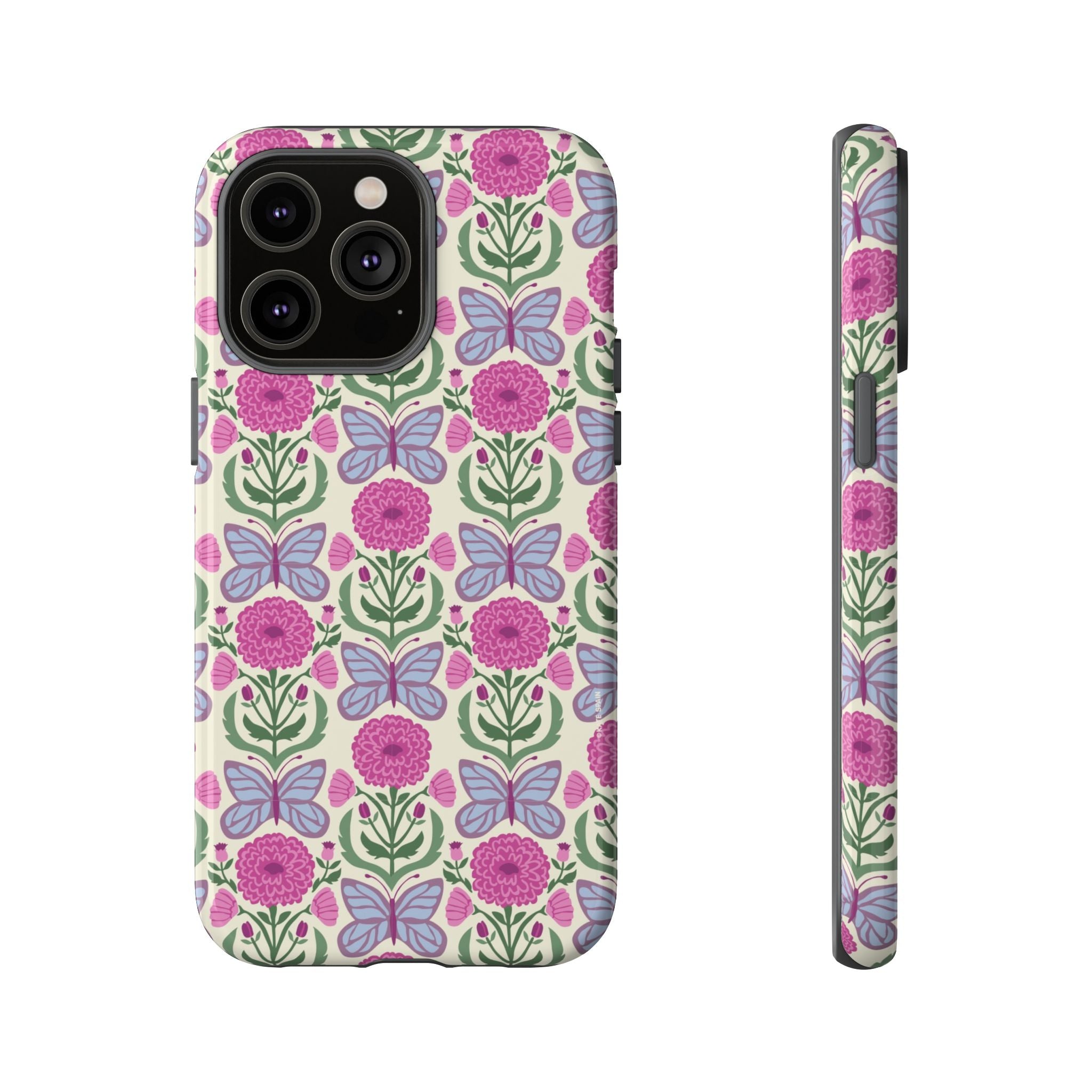 Butterfly Tough iPhone 14 Pro Max Case – Glossy | cream, magenta, periwinkle butterfly floral print