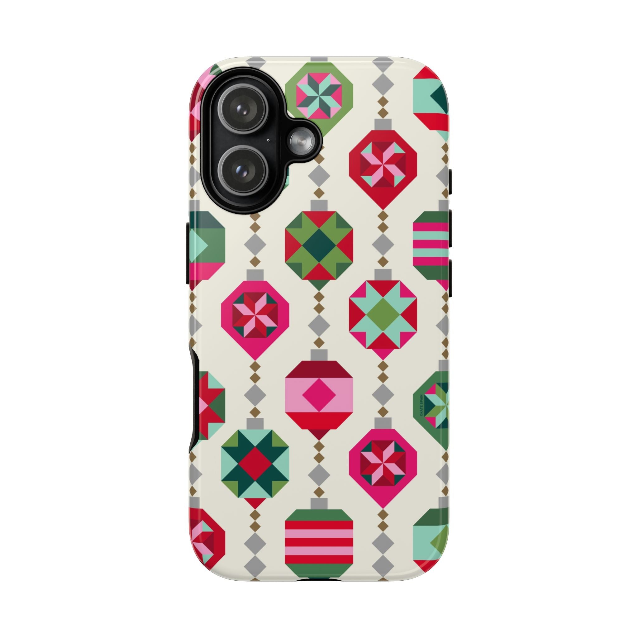 Felicity Ornaments Tough iPhone 17 Case – Glossy | cream, red, pink, green, mint geometric quilted ornament print