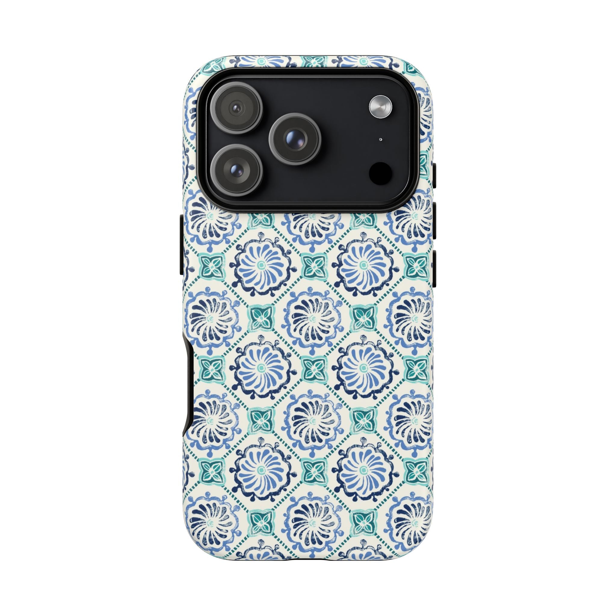 Horizon Blue Tile Tough iPhone 17 Pro Case – Matte | blue, turquoise, cream white dual-layer protection
