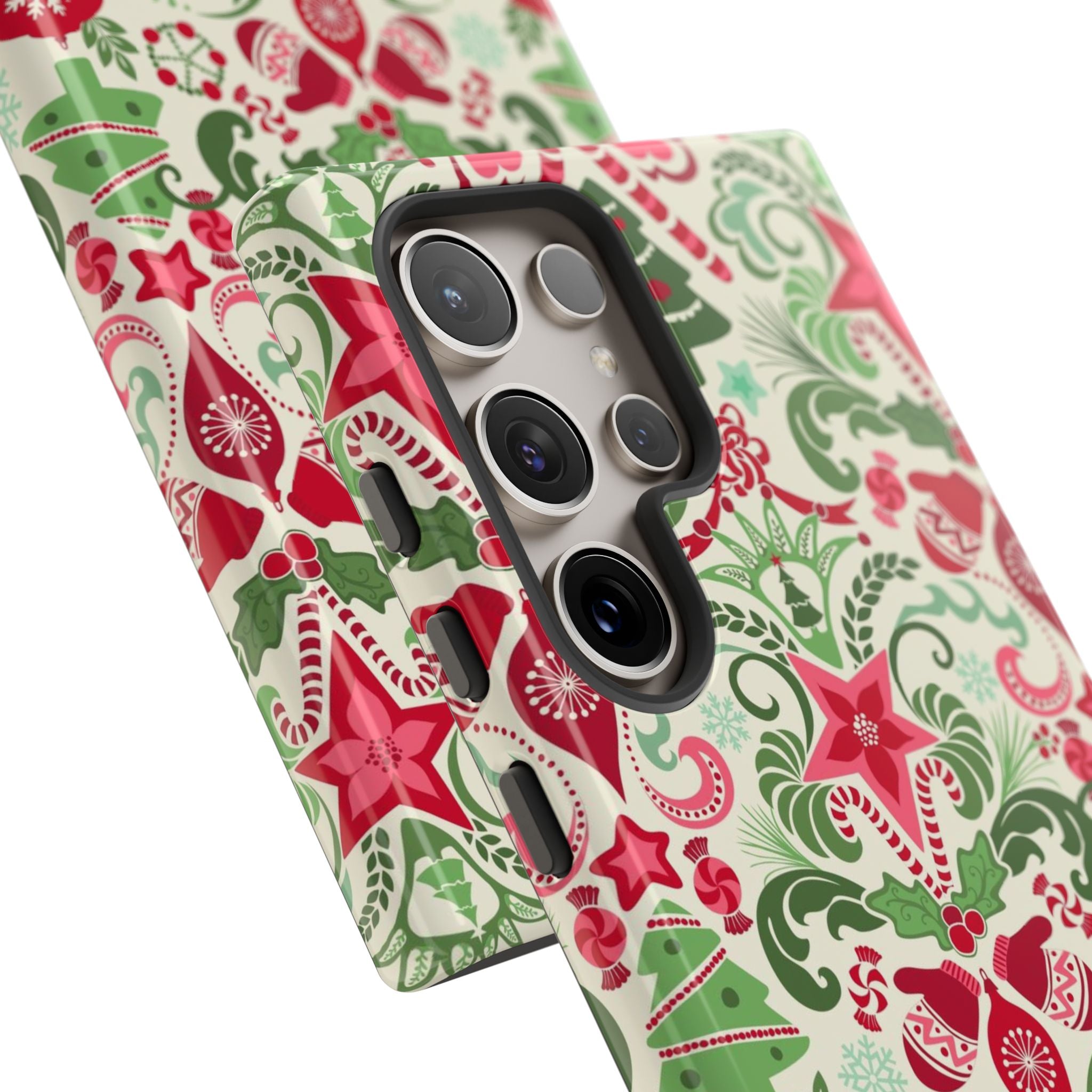 Luxury Wonderland Samsung S24 Ultra Case – detail view of 5 lenses in camera | cream, red, green ornate damask Christmas floral print