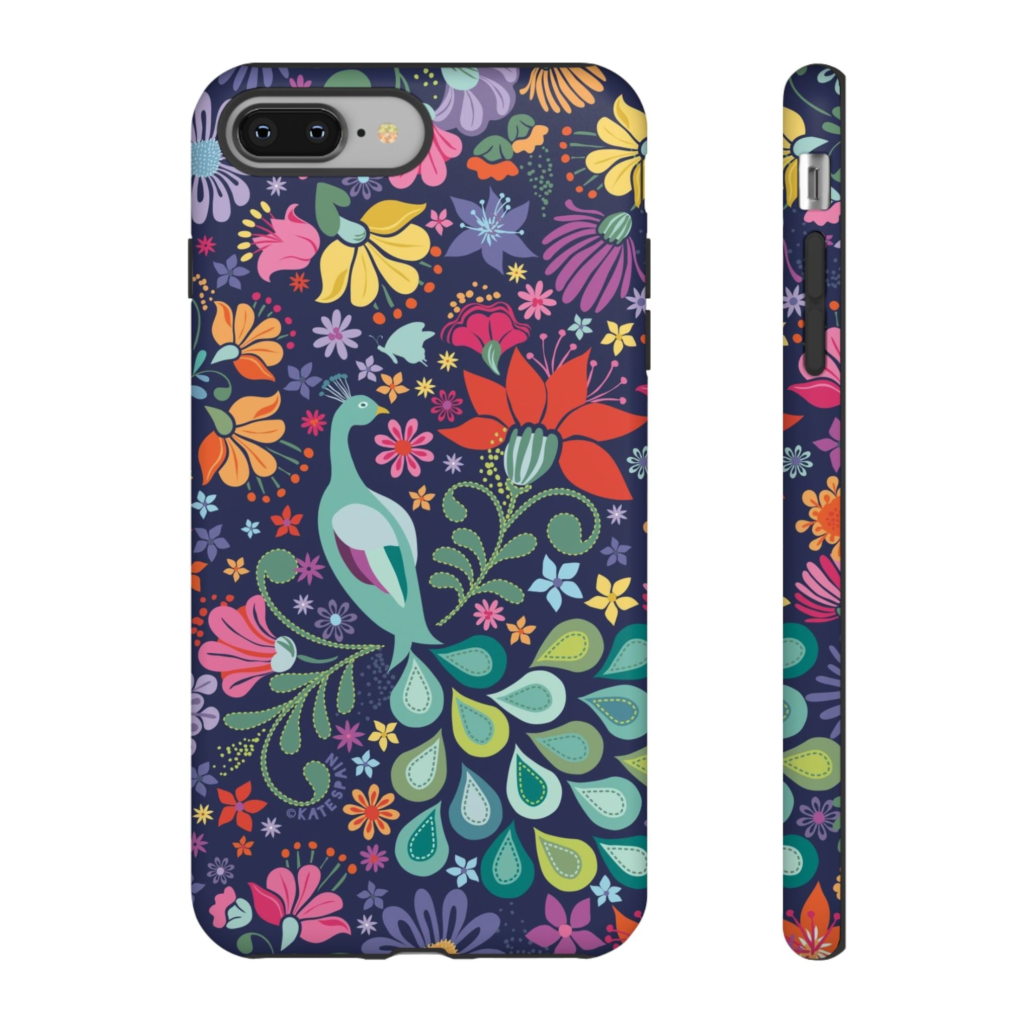 Peacock Sanctuary Tough iPhone 8 Plus Case – Matte | navy, teal, coral multicolor vibrant peacock feather botanical print