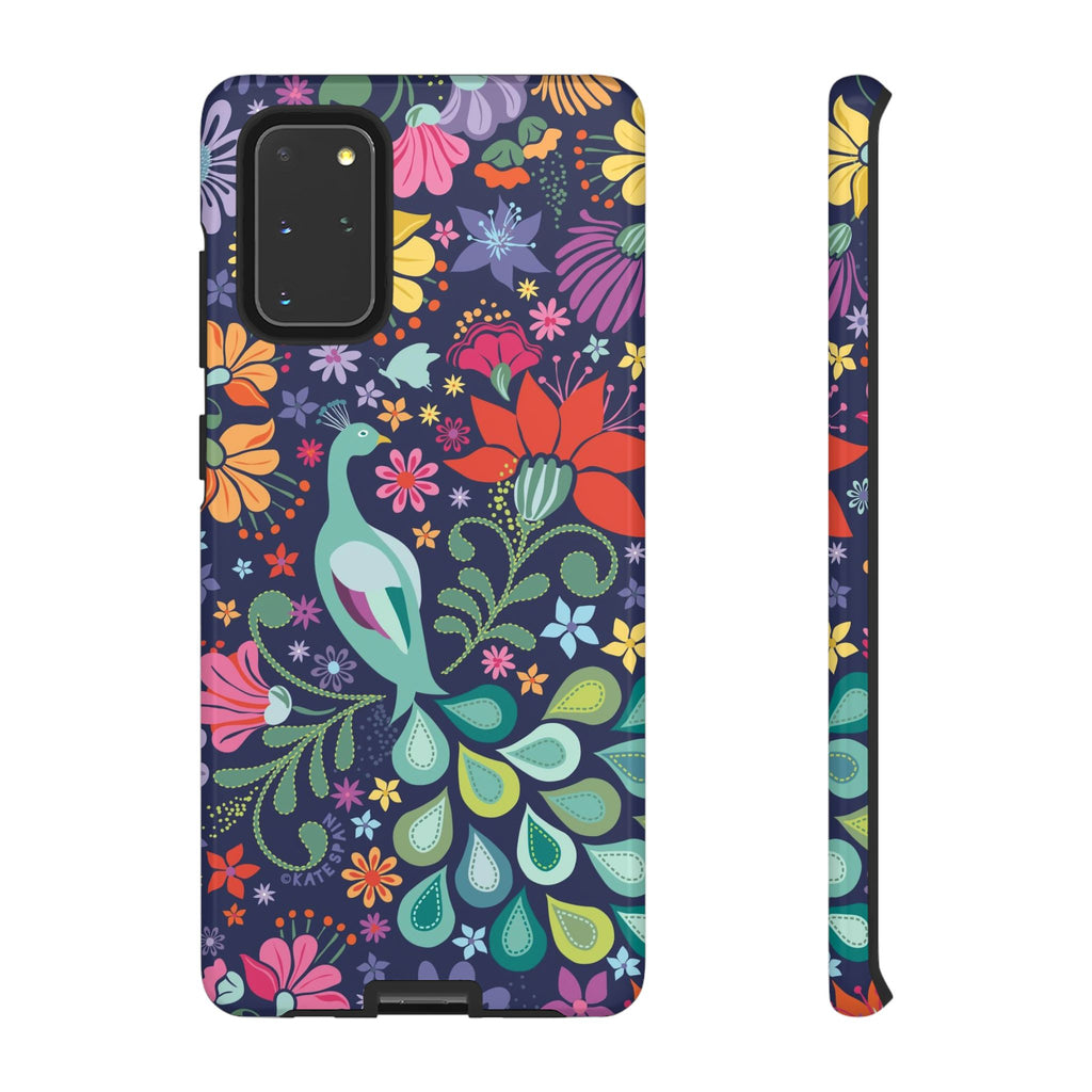 Luxury Peacock Sanctuary Samsung Galaxy S20+ Case – Glossy | navy, teal, coral multicolor vibrant peacock feather botanical print