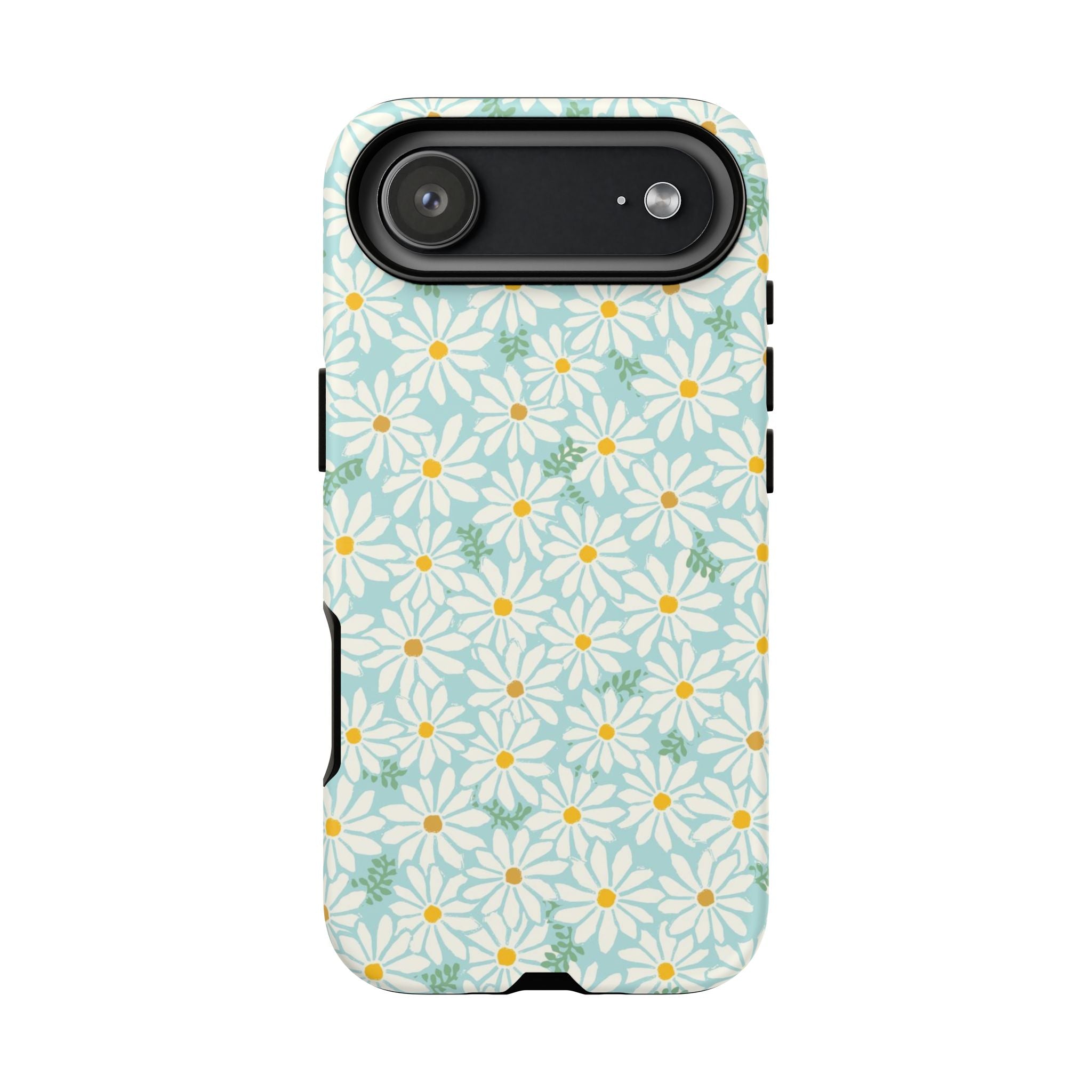 Daisies Tough iPhone 17 Air Case – Matte | sky blue, white daisy print, golden yellow centers, mint green leaves dual-layer protection