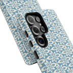 Lily Blue Samsung Galaxy S25 Ultra Glossy case — side angled view showing camera cutout and buttons — graphic white lily on cerulean by Kate Spain