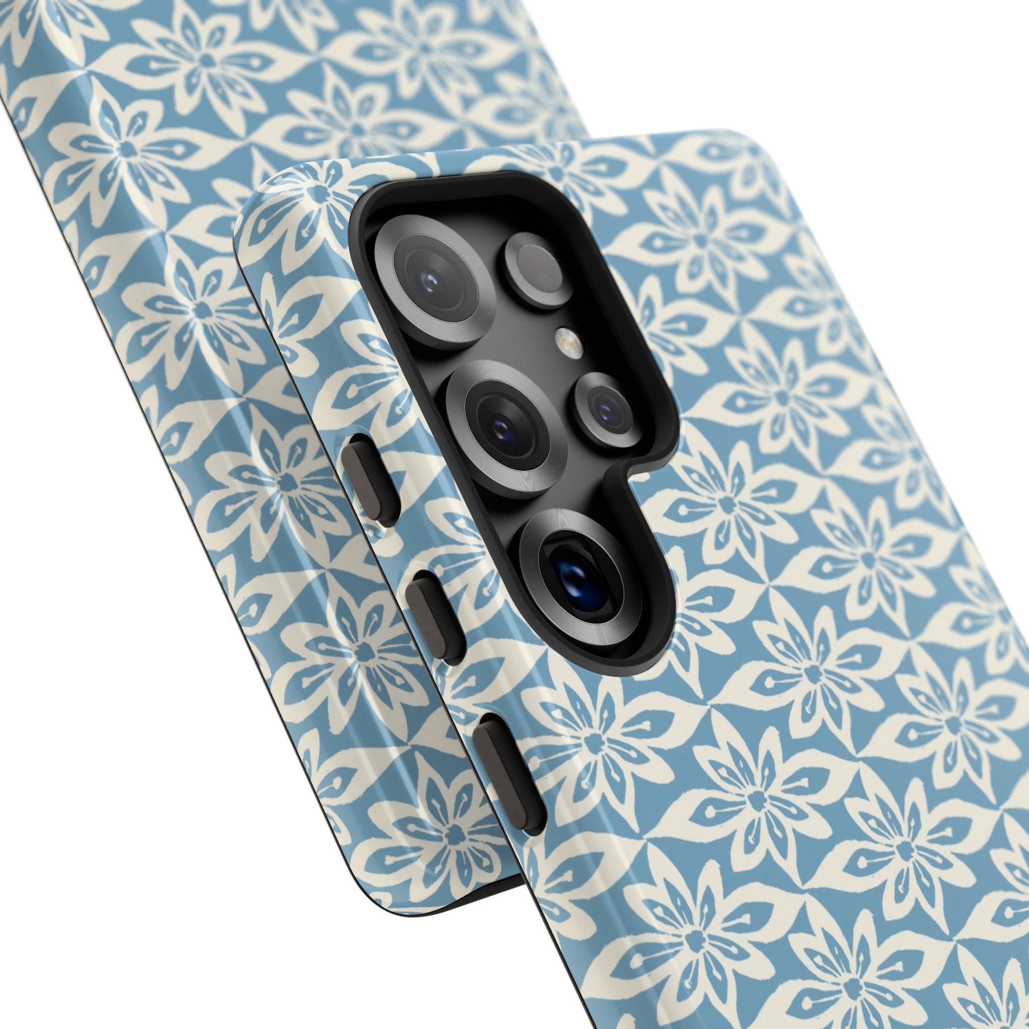 Lily Blue Samsung Galaxy S25 Ultra Glossy case — side angled view showing camera cutout and buttons — graphic white lily on cerulean by Kate Spain