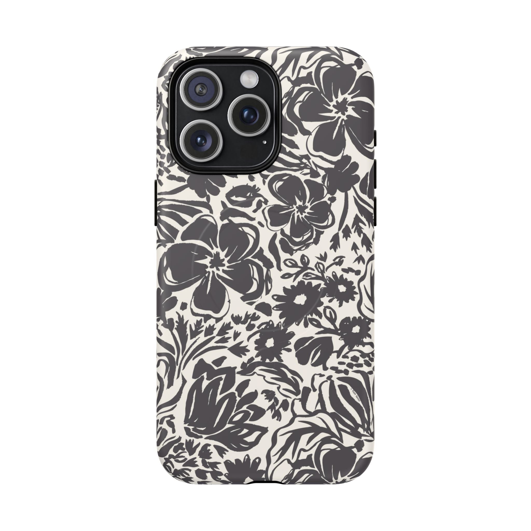 Rhapsody Black MagSafe iPhone 15 Pro Max Matte case — bold charcoal floral print on cream by Kate Spain