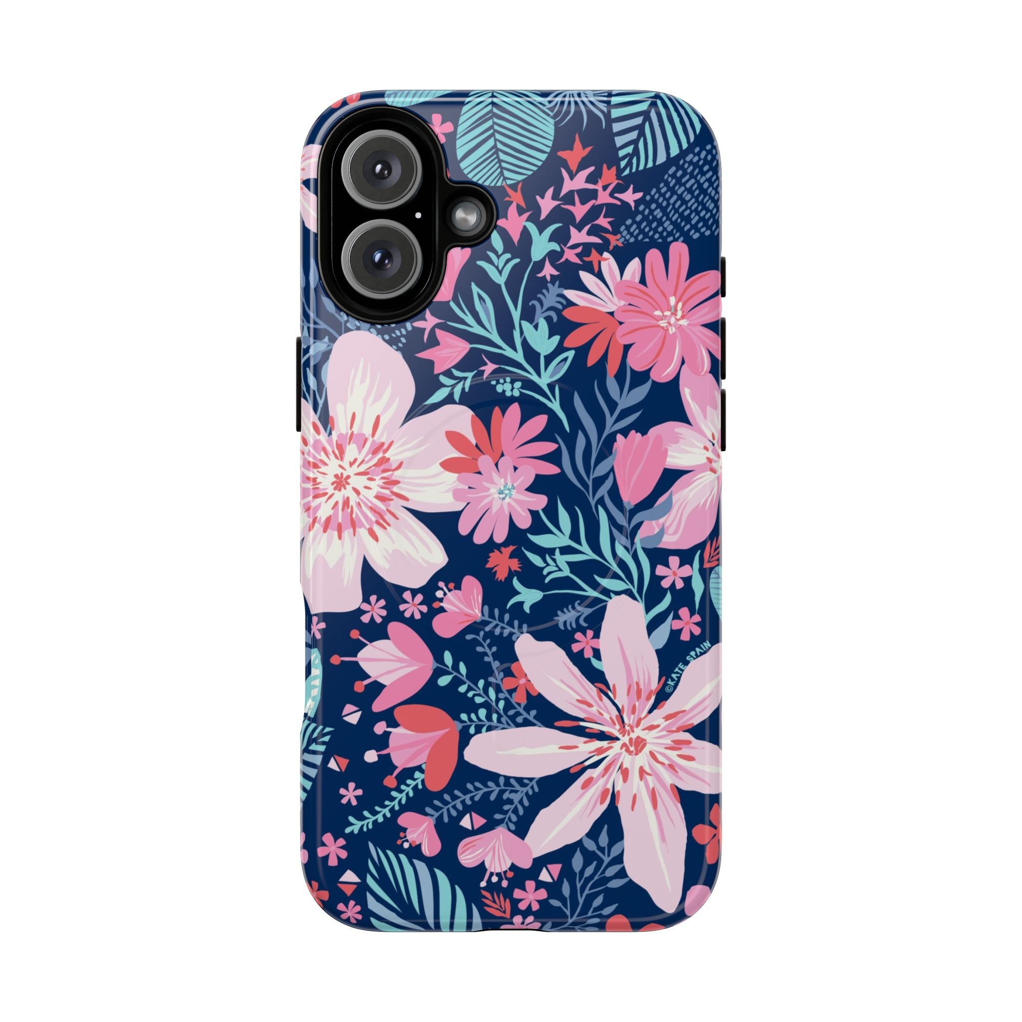 Bonaire MagSafe iPhone 16 Plus Case – Glossy | navy, pink, white tropical floral botanical print