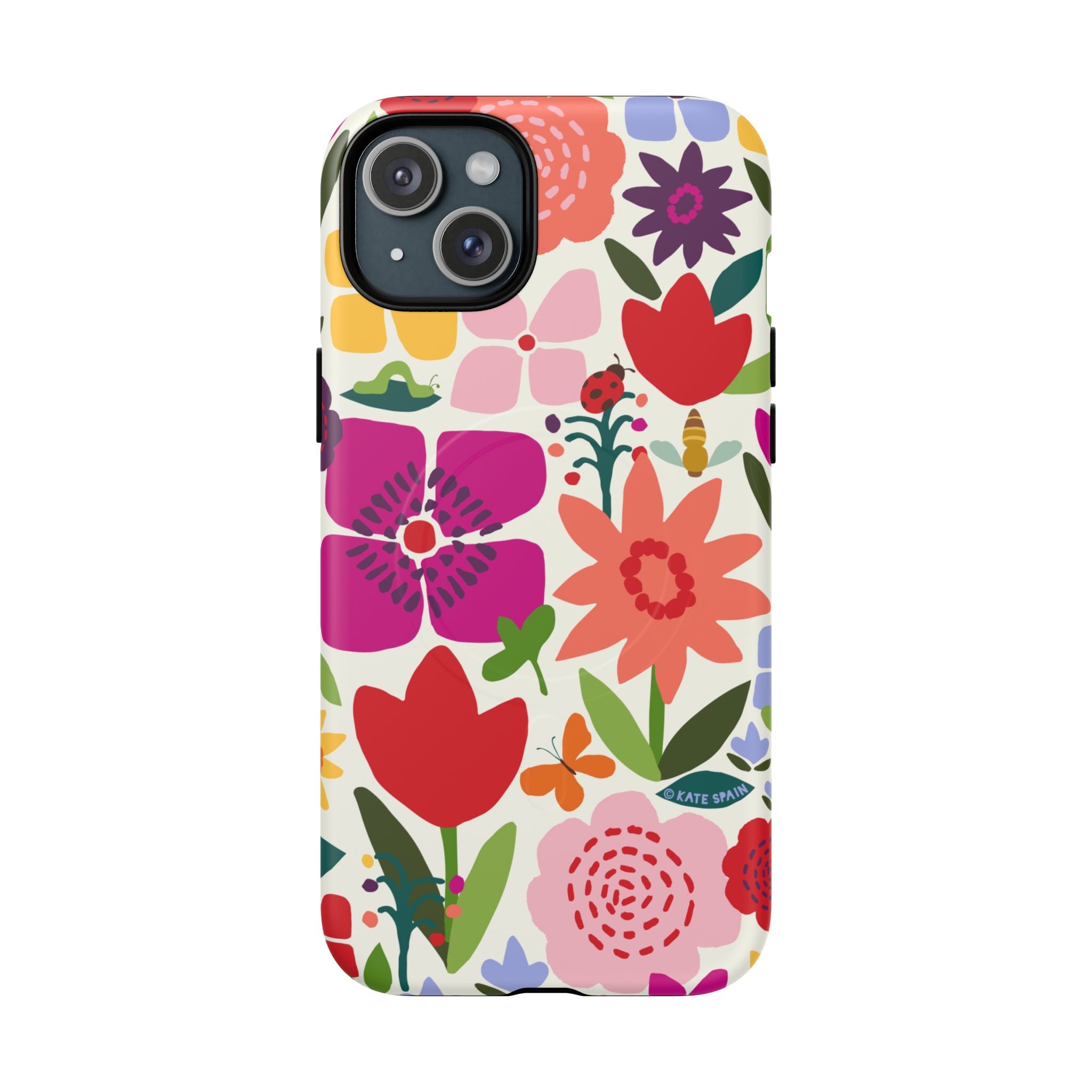 Happy Blooms MagSafe iPhone 15 Plus Case – Matte | cream, red, magenta, coral botanical floral print