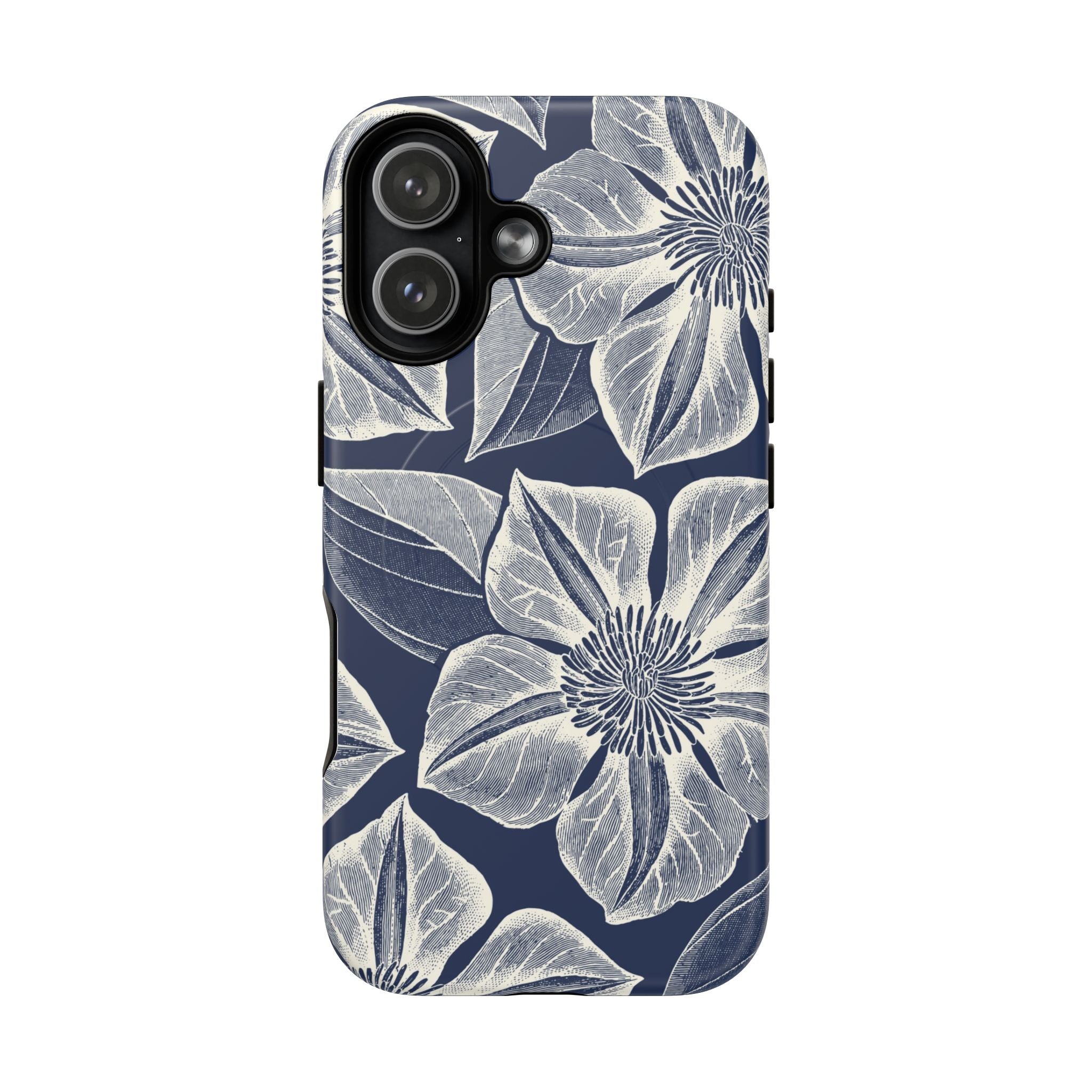 Vintage Bloom Navy MagSafe iPhone 17 Case – Matte | navy ground, large-scale white clematis print, engraved petal detail, dual-layer protection