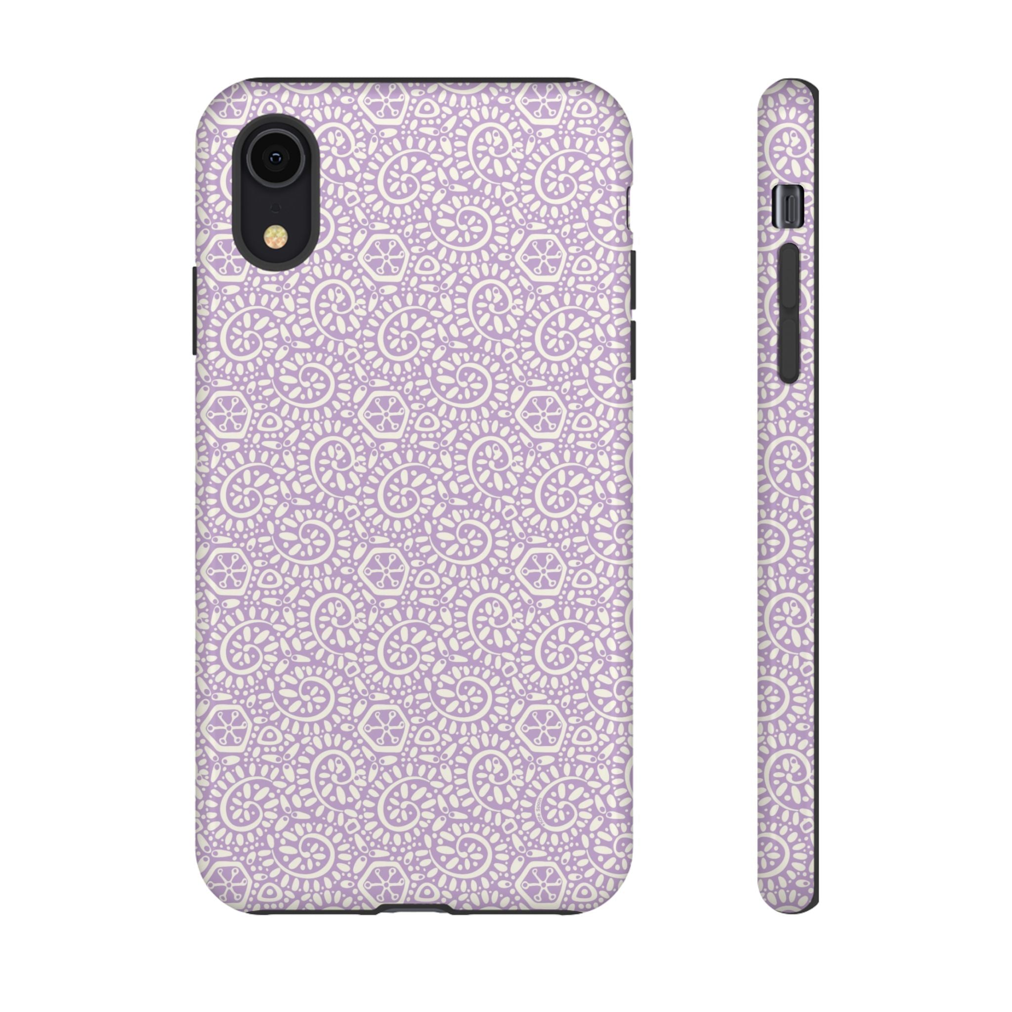 Canto Swirls Lavender iPhone XR Glossy Case — lavender hard case covered in an intricate folk-art medallion pattern of radiating circular motifs, dot clusters, and geometric centers