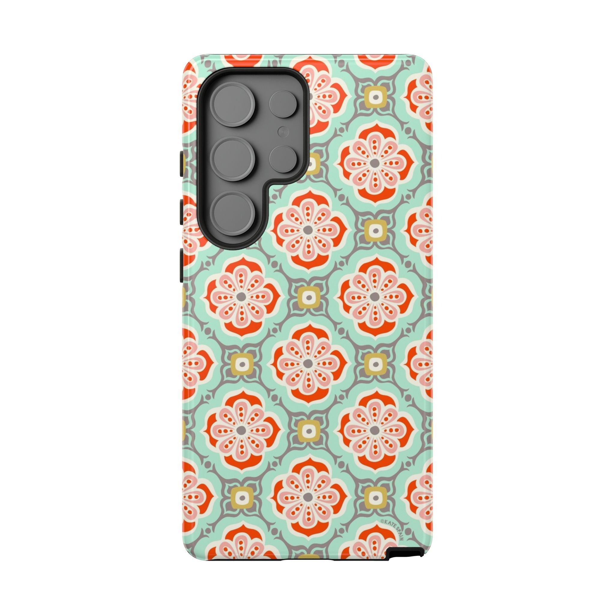 Luxury Alhambra Samsung Galaxy S25 Ultra Case – Glossy | light turquoise, coral, cream geometric medallion tile print
