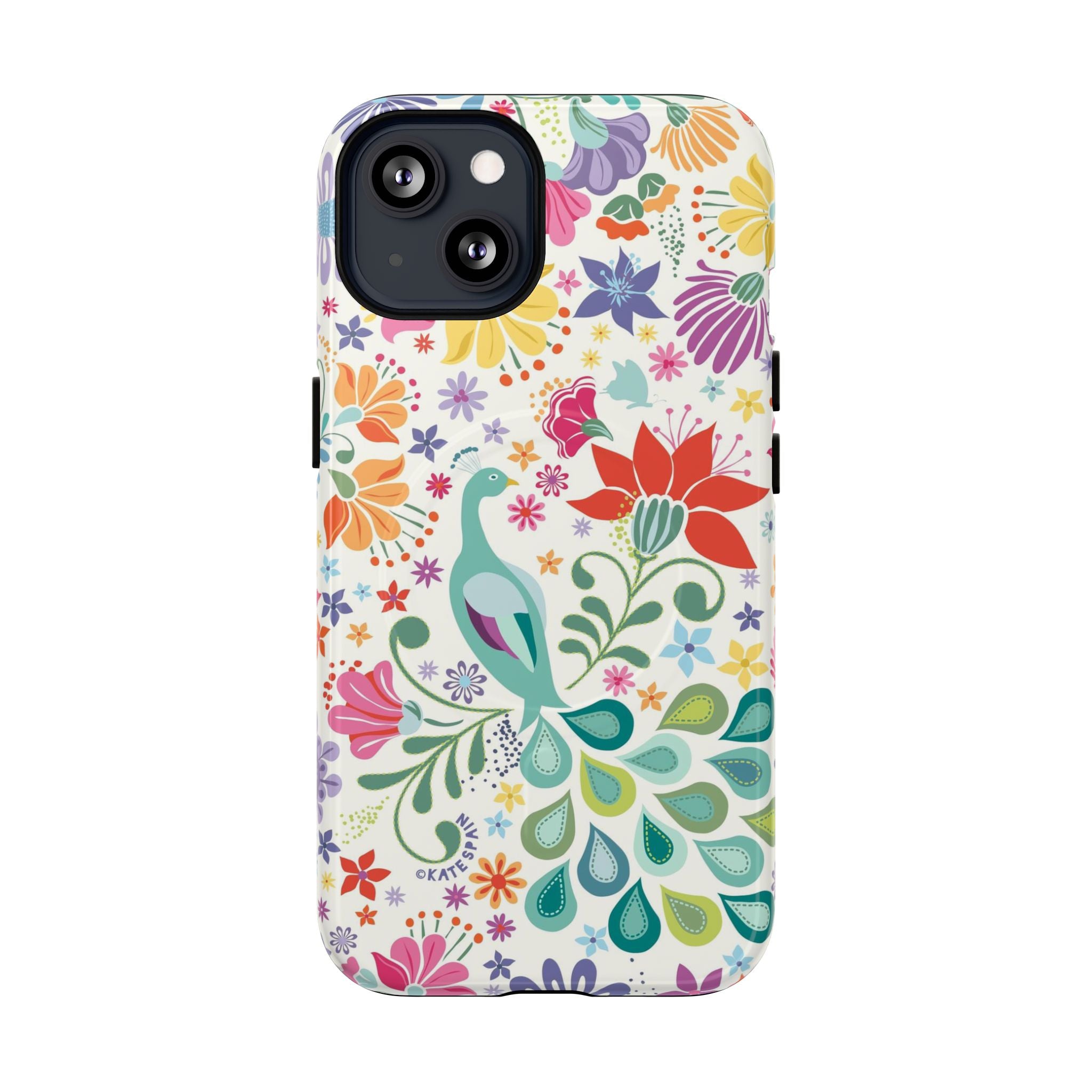 Peacock Sanctuary MagSafe iPhone 13 Case – Glossy | cream, teal, coral multicolor vibrant peacock feather botanical print