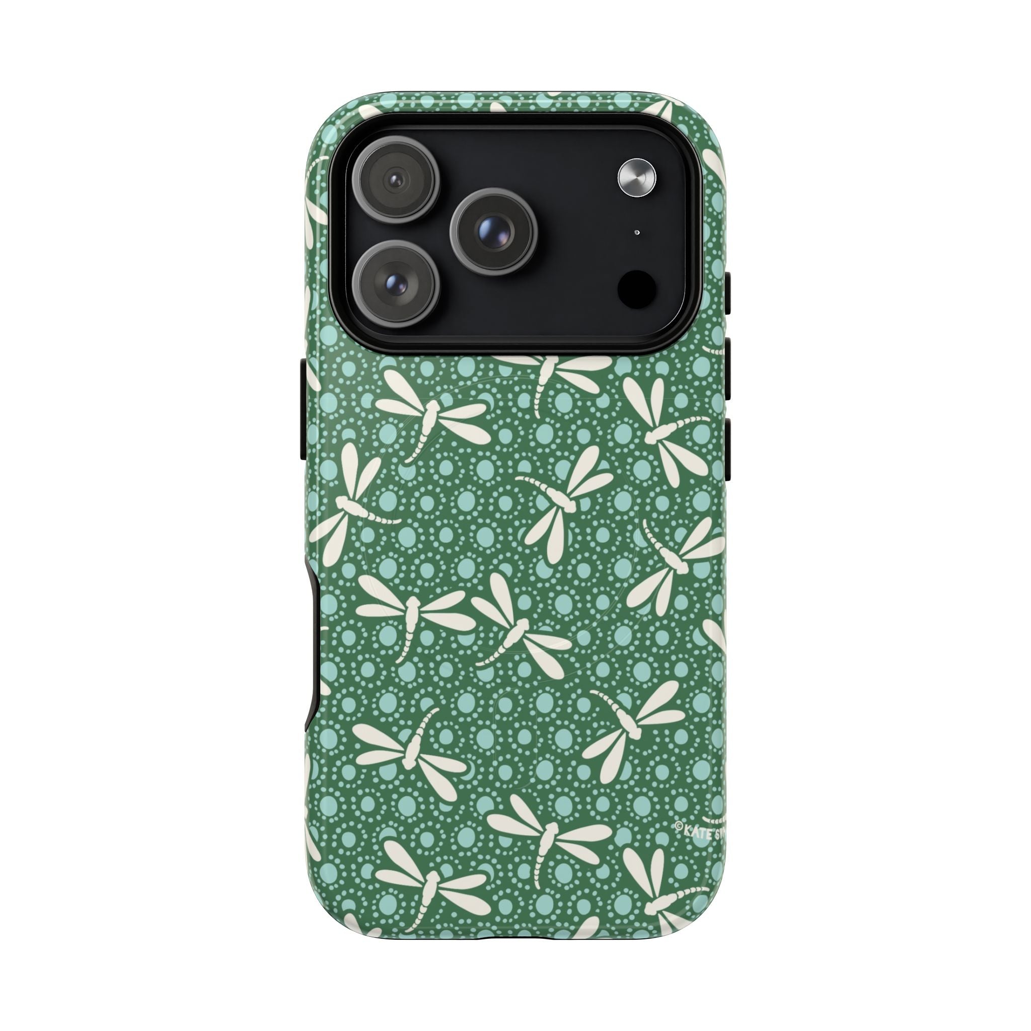 Designer Dragonfly MagSafe iPhone 17 Pro Case – Glossy | jade green, aqua, cream dragonfly print