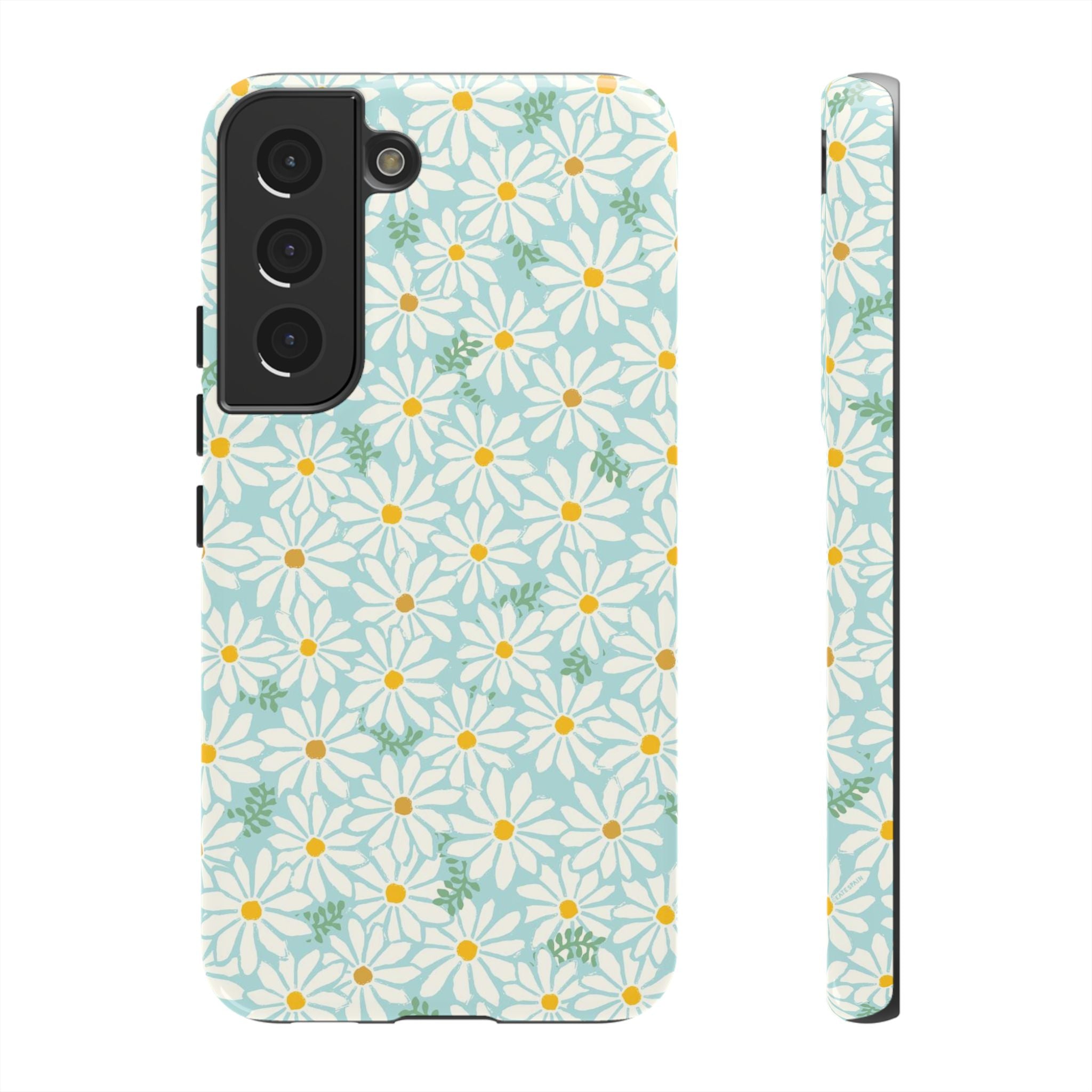 Daisies Samsung Galaxy S22 Case – Glossy | sky blue, white daisy print, golden yellow centers, mint green leaves dual-layer protection