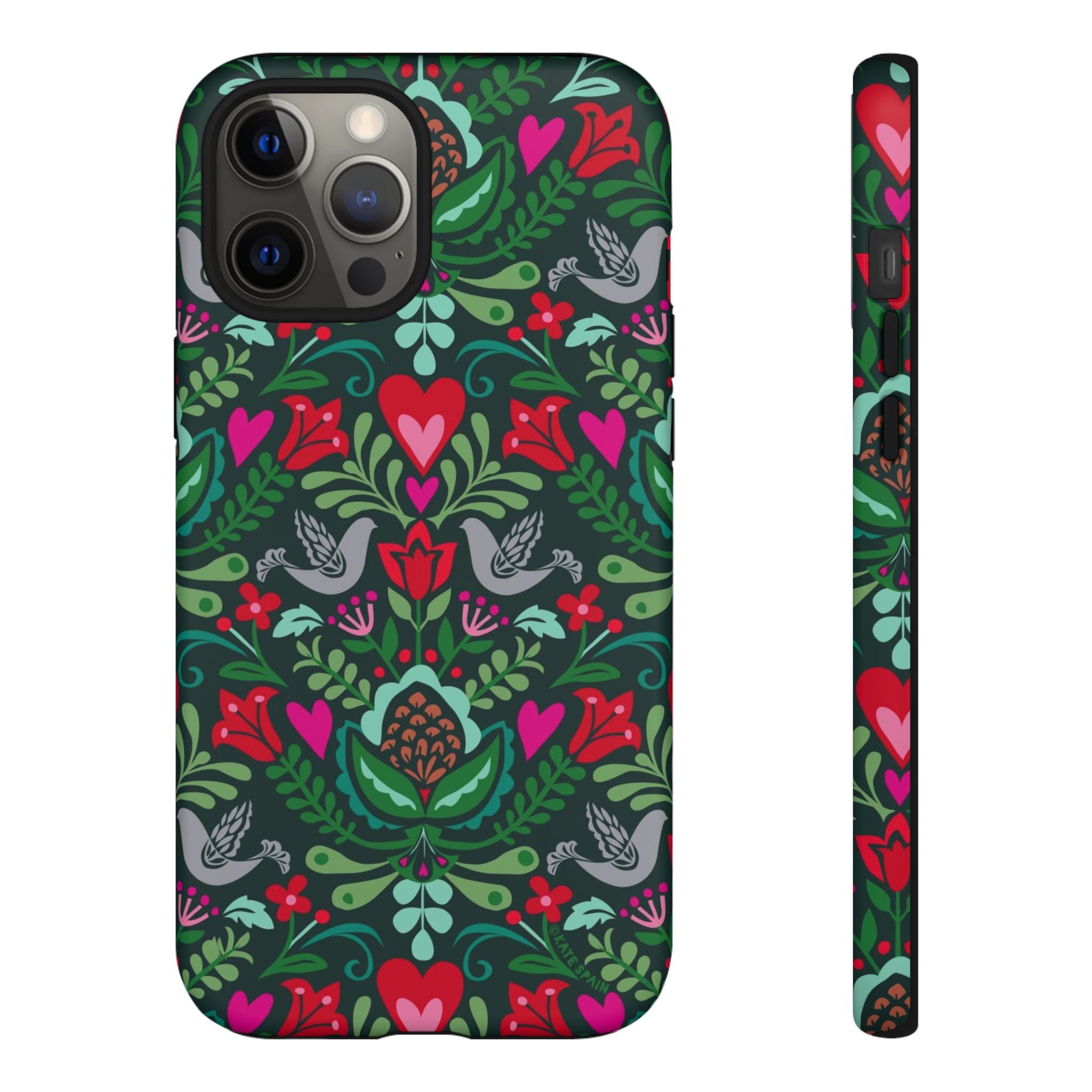 Rosemaling Tough iPhone 12 Pro Max Case – Matte | dark green, red, pink, gray folk art floral bird print