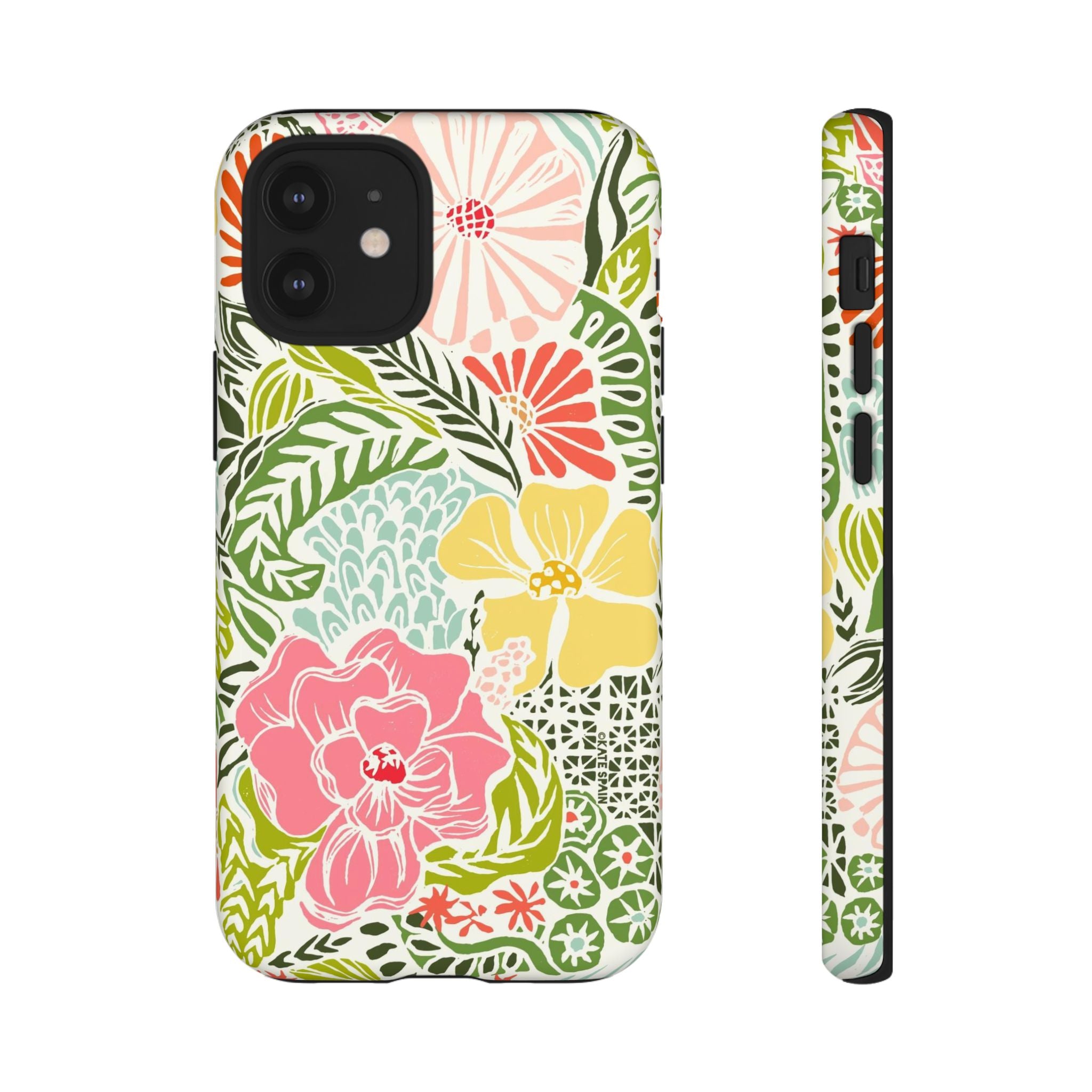 Tropica Tough iPhone 12 Mini Case – Matte | cream, pink, yellow, blue botanical floral print