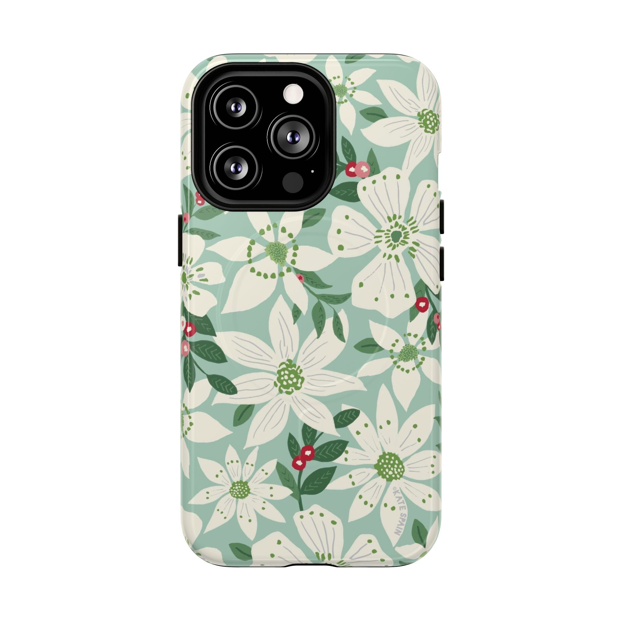 Gardenia MagSafe iPhone 13 Pro Case – Glossy | light blue, white, green, red gardenia botanical print
