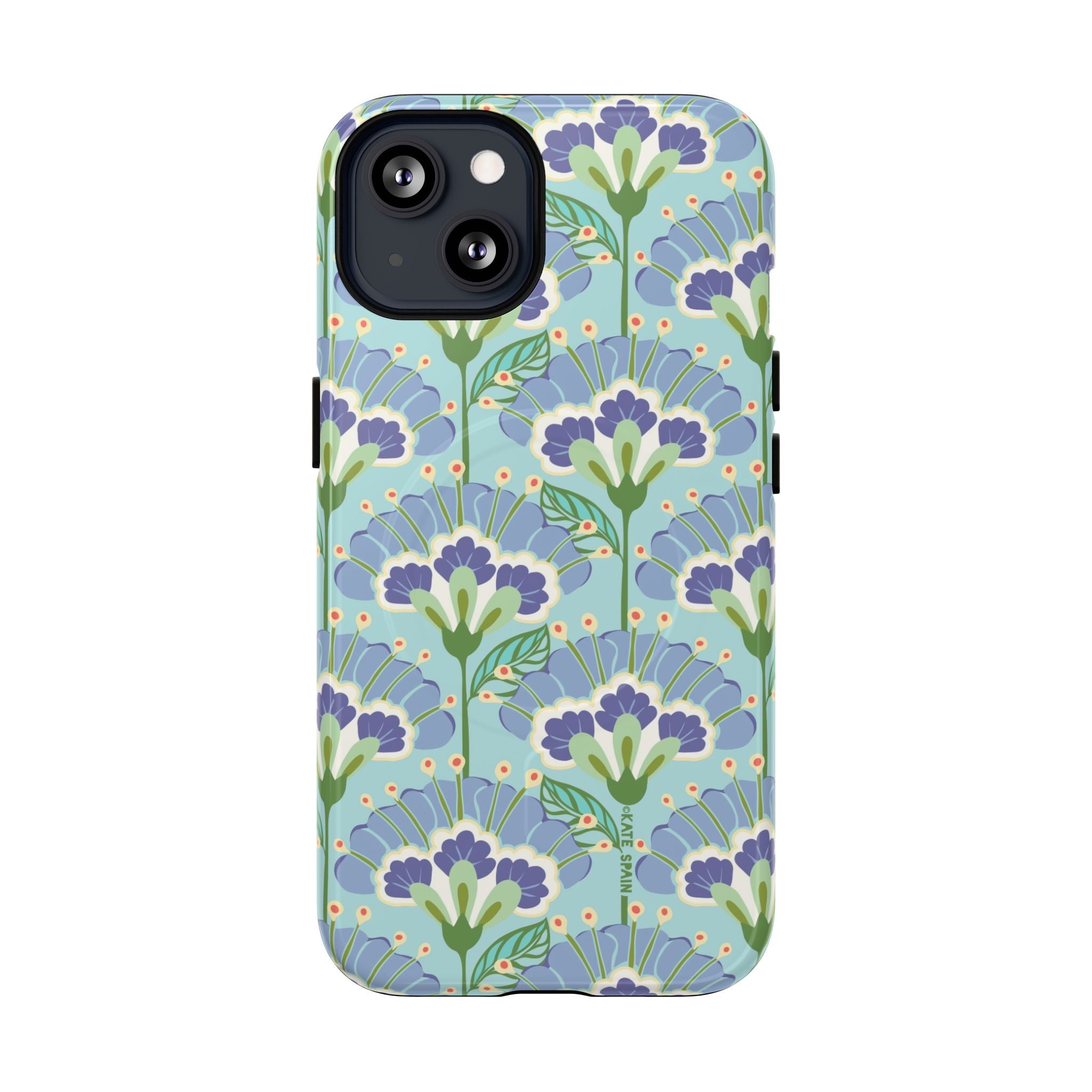 Lantern Flower MagSafe iPhone 13 Case – Glossy | aqua, periwinkle, green botanical lantern floral print