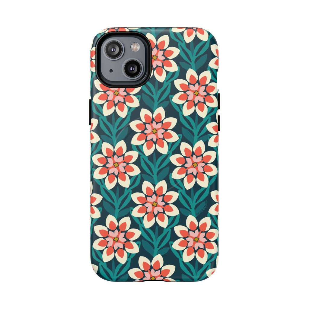 Modern Dahlia MagSafe iPhone 14 Plus Case – Matte | teal, coral, cream botanical dahlia floral print
