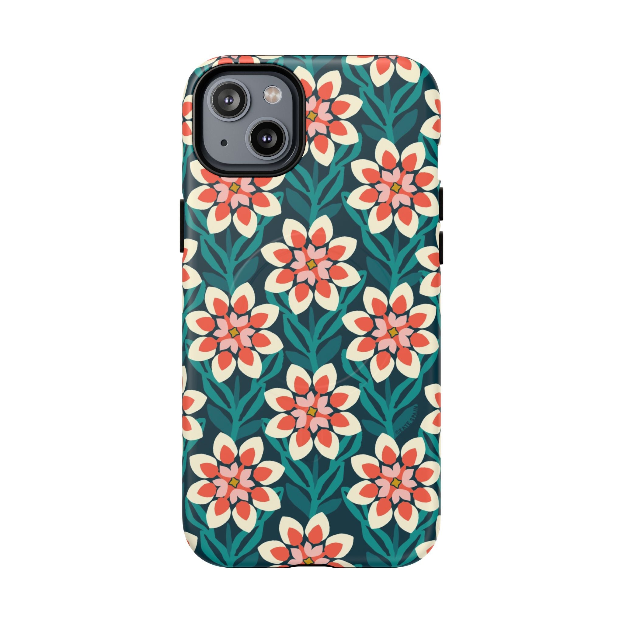 Modern Dahlia MagSafe iPhone 14 Plus Case – Matte | teal, coral, cream botanical dahlia floral print