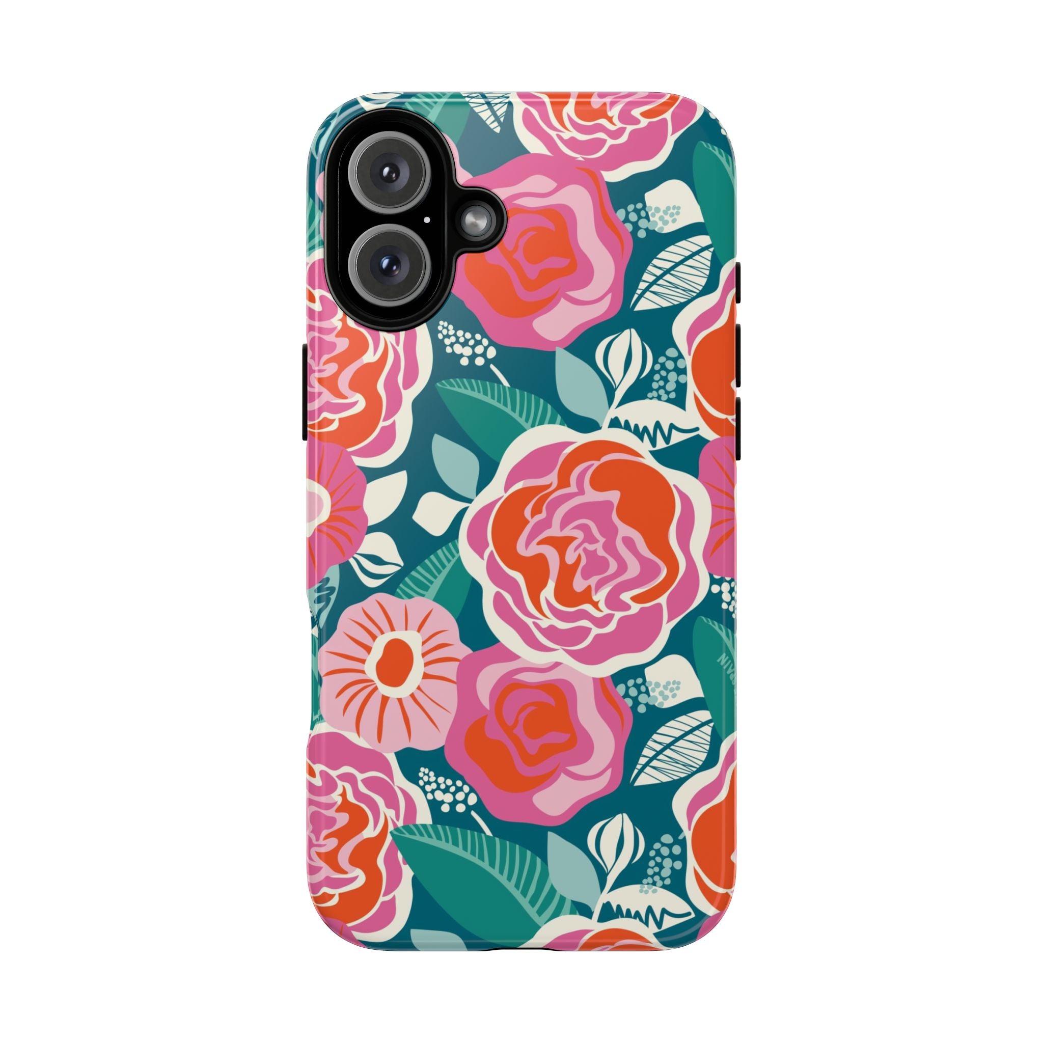 Tea Rose Teal Tough iPhone 16 Plus Case – Glossy | teal, coral, pink botanical rose floral print