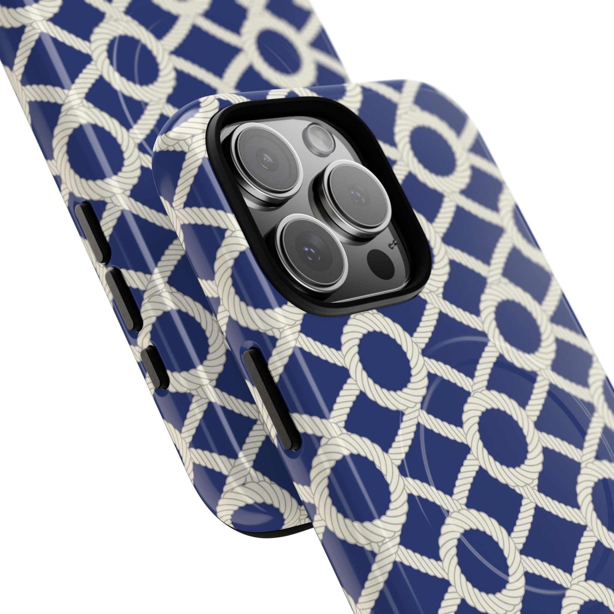 Sailor's Knot MagSafe iPhone 16 Pro Max Case – Glossy | cream, navy nautical print | angled view closeup of camera cutout and buttons