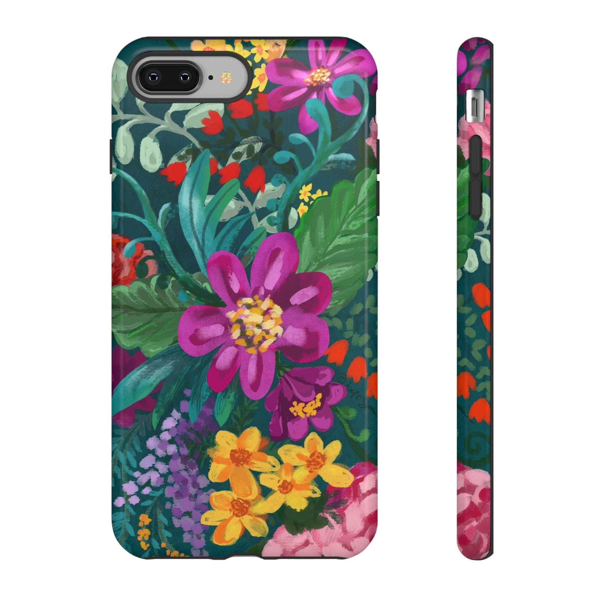 Posy Tough iPhone 8 Plus Case – Glossy | teal, purple, magenta, yellow botanical wildflower print