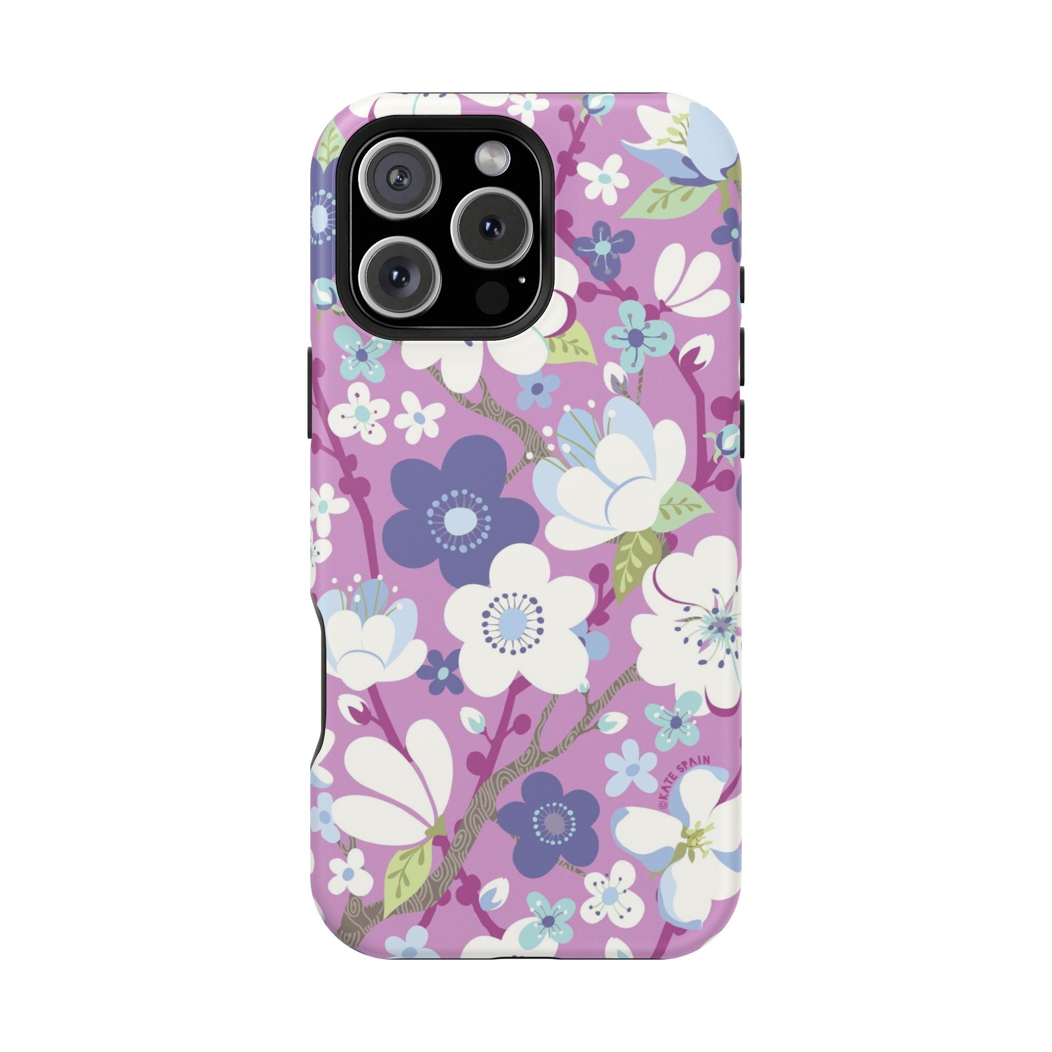Luxury Cherry Blossom MagSafe iPhone 16 Pro Max Case – Glossy | mauve, purple, blue, white cherry blossom print