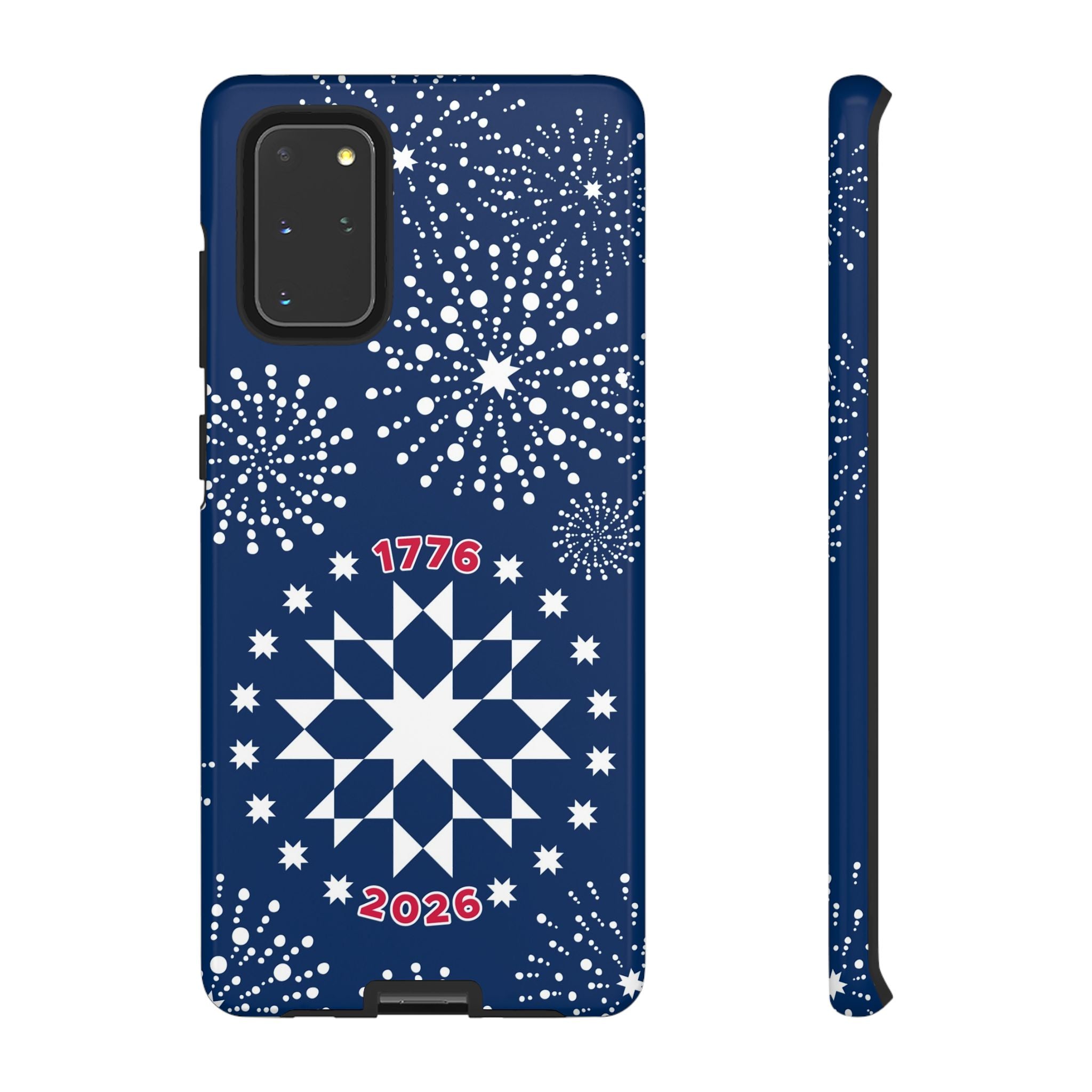 250th Fireworks Samsung Galaxy S20+ Case – Glossy | navy, white patriotic star quilt fireworks print