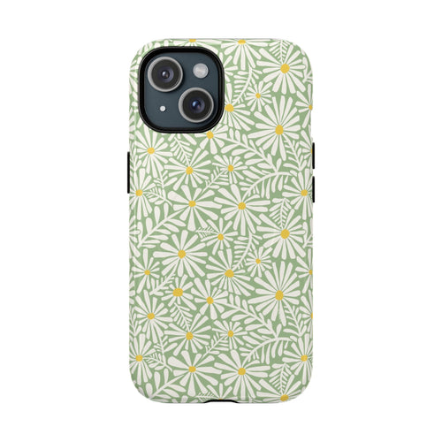 Montauk Daisy Meadow Green MagSafe iPhone 15 Case – Glossy | sage green, white graphic daisy and fern print, golden yellow centers MagSafe compatible, dual-layer protection
