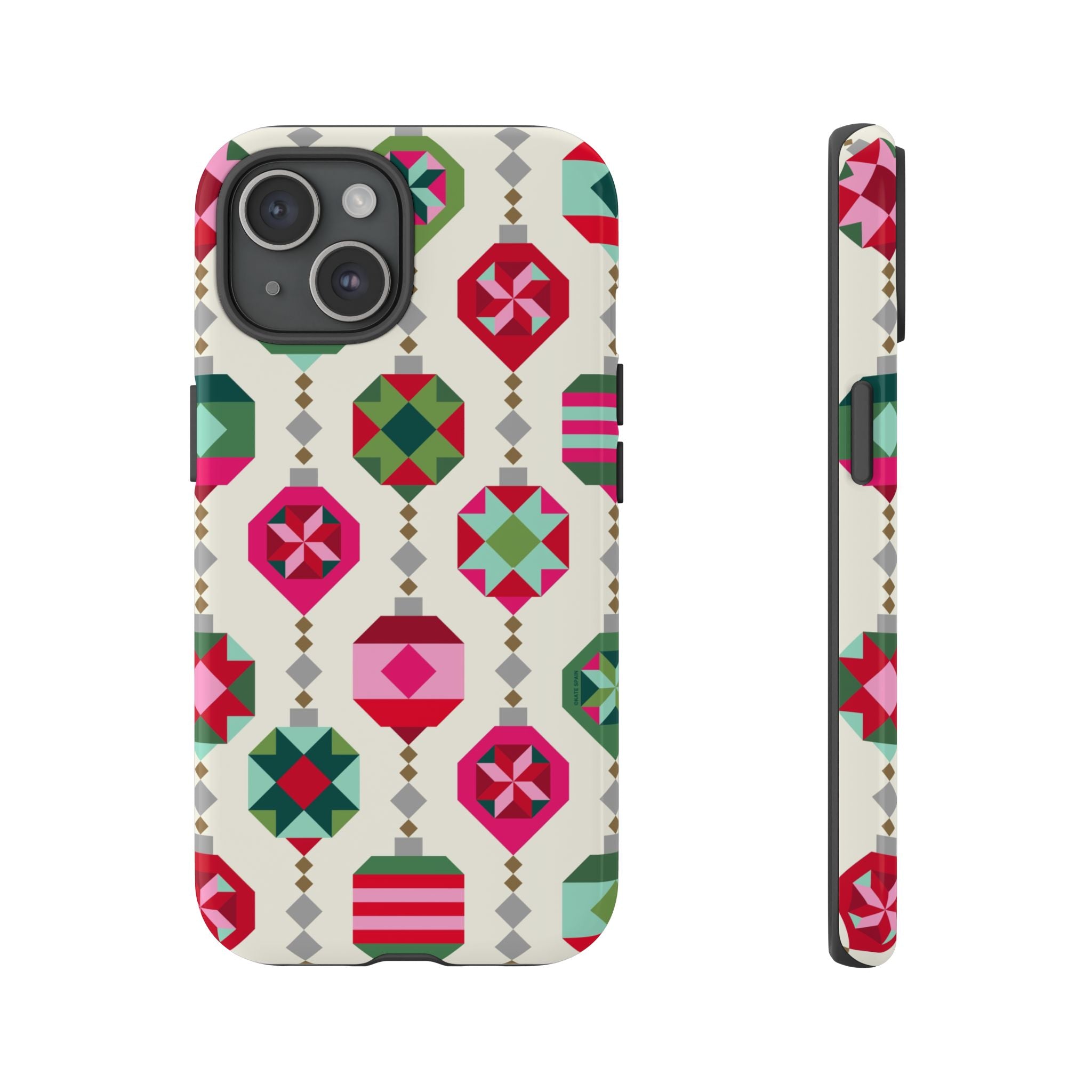 Felicity Ornaments Tough iPhone 15 Case – Glossy | cream, red, pink, green, mint geometric quilted ornament print