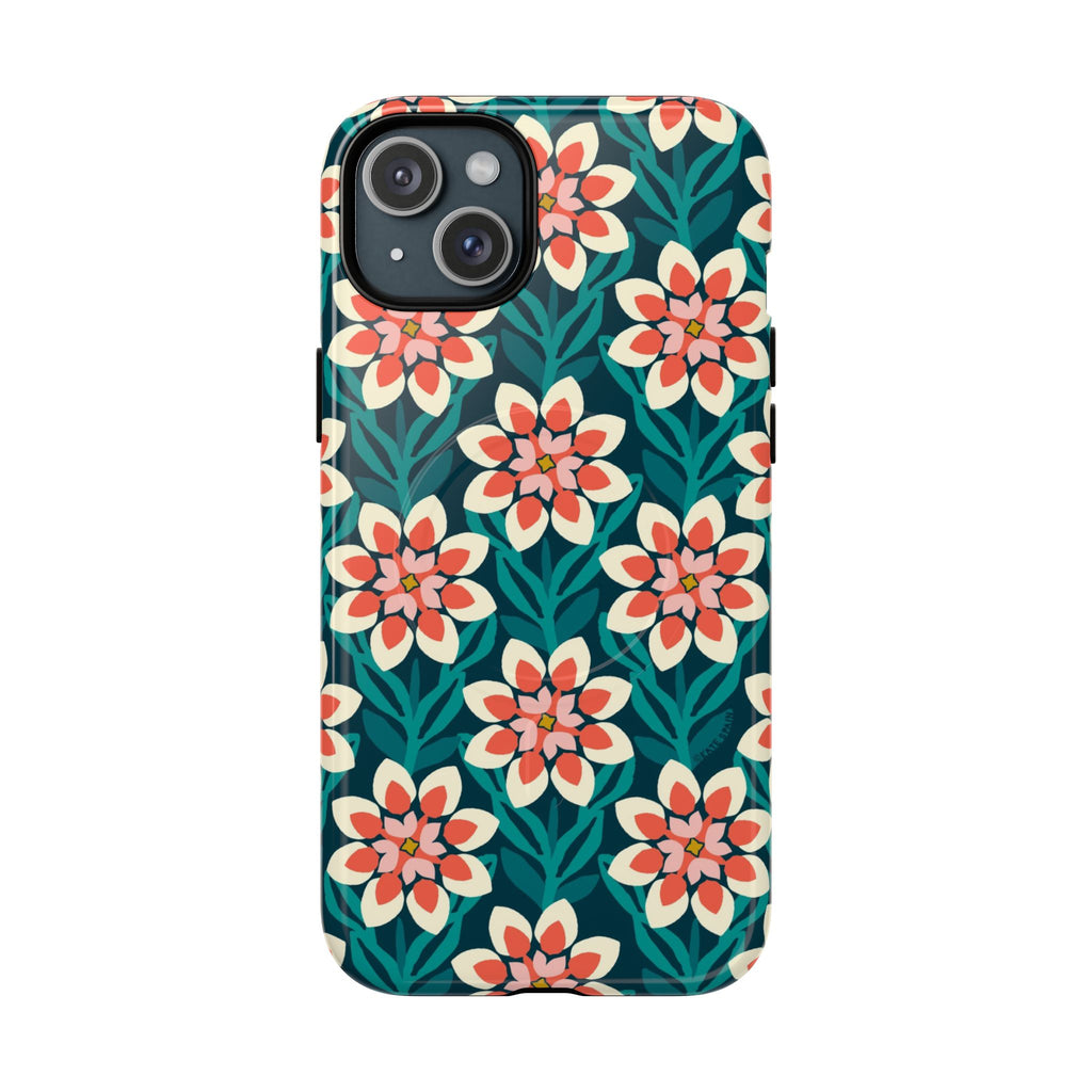 Modern Dahlia MagSafe iPhone 15 Plus Case – Glossy | teal, coral, cream botanical dahlia floral print