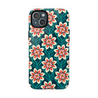 Modern Dahlia MagSafe iPhone 15 Plus Case – Glossy | teal, coral, cream botanical dahlia floral print