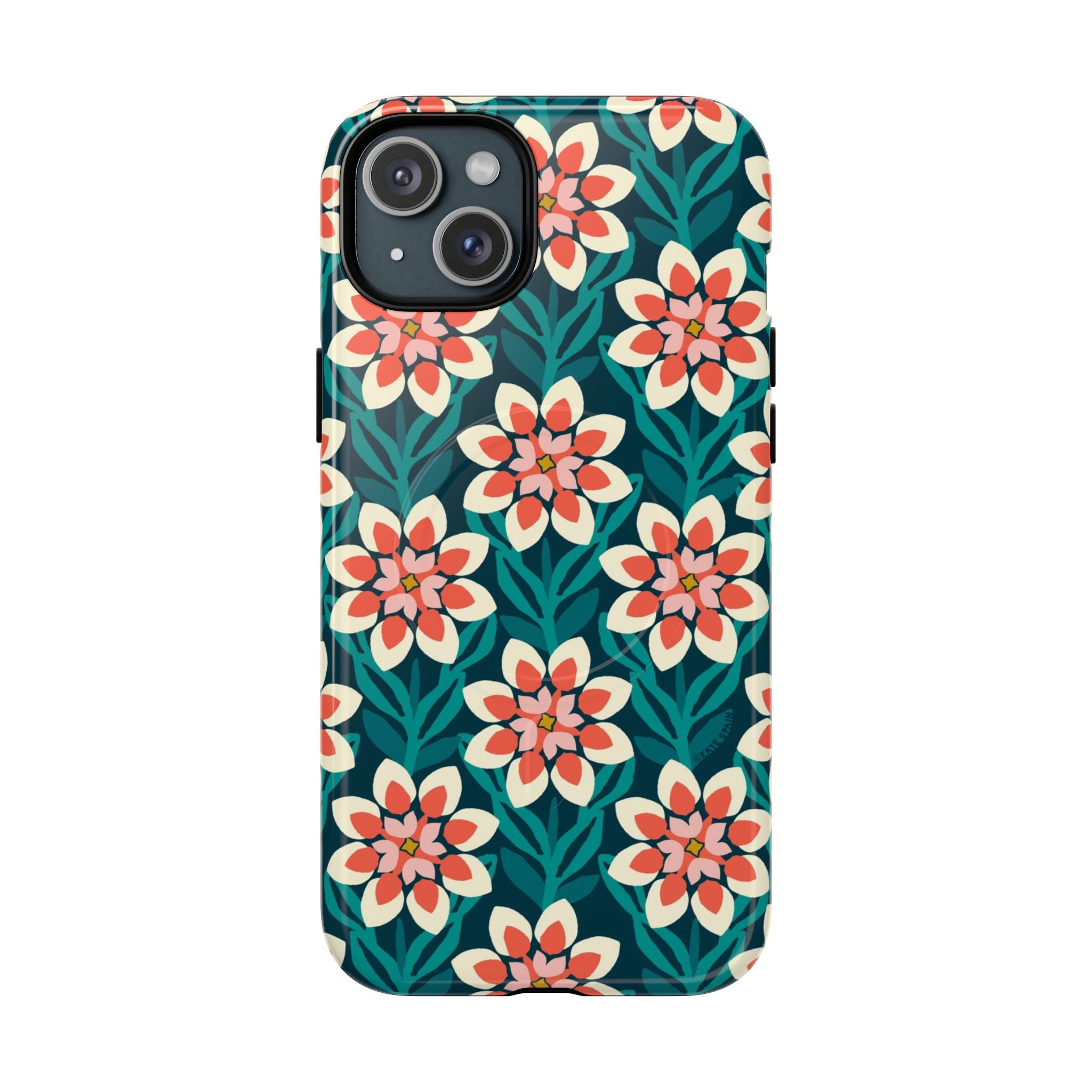 Modern Dahlia MagSafe iPhone 15 Plus Case – Glossy | teal, coral, cream botanical dahlia floral print
