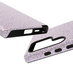 Canto Swirls Lavender Samsung Galaxy S24 Ultra Glossy Case — dual-layer construction detail showing ports, camera cutout, and buttons; lavender folk-art medallion pattern